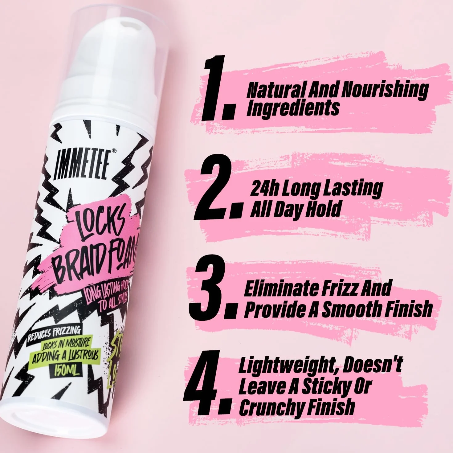 immetee Lock Braid Mousse Fijación Máxima Antifrizz Hidratante para Trenzas Rastas Twists 150ml