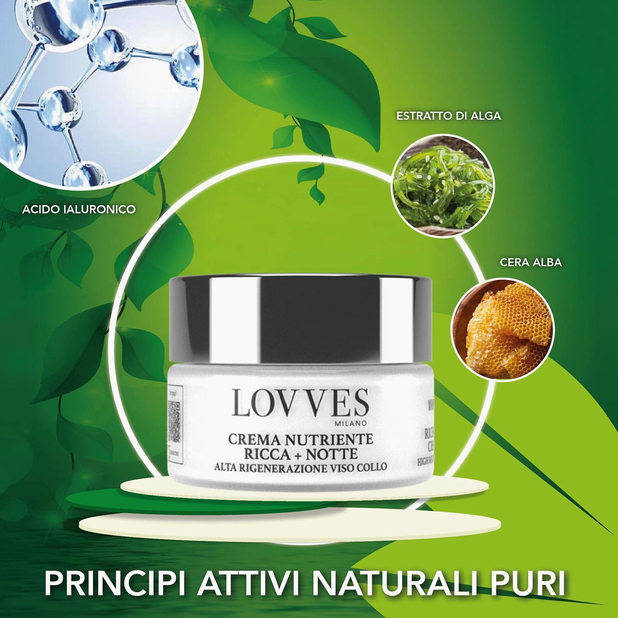 LOVVES Crema Facial Rica Nutritiva, para Día y Noche, Alta Cosmética Natural, Antiarrugas, Favorece la Producción de Colágeno, Hidratante, Regeneración Rostro Cuello,Tarro Cristal 50 ml