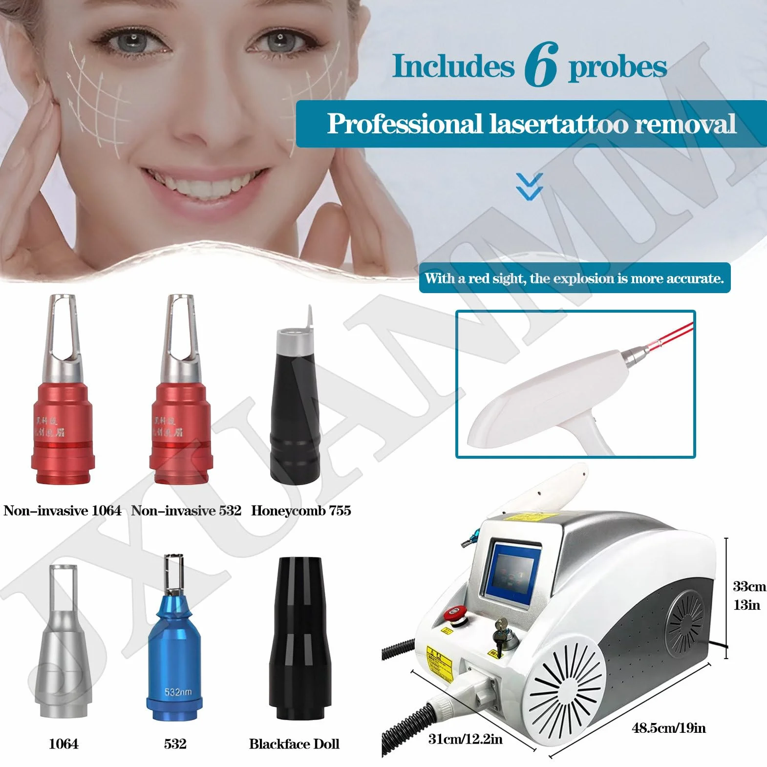 Máquina portátil de eliminación de Tatuajes con láser Pico Nd Yag con mira de Punto Rojo para rejuvenecimiento en Salones de Belleza. 6Probes