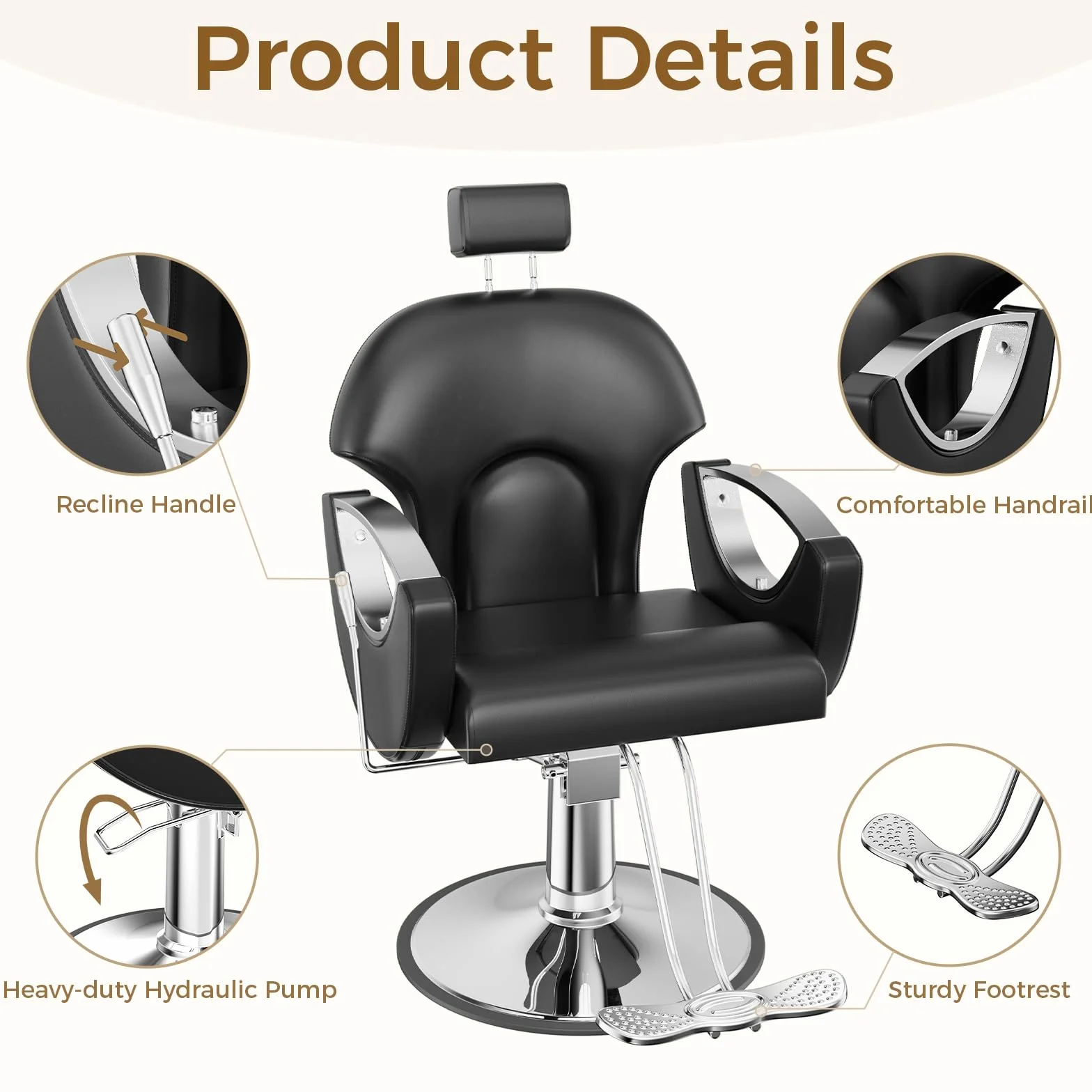Sillón de Peluquería Reclinable Hidráulico Altura Ajustable 360° 64x59x104-119 cm Negro