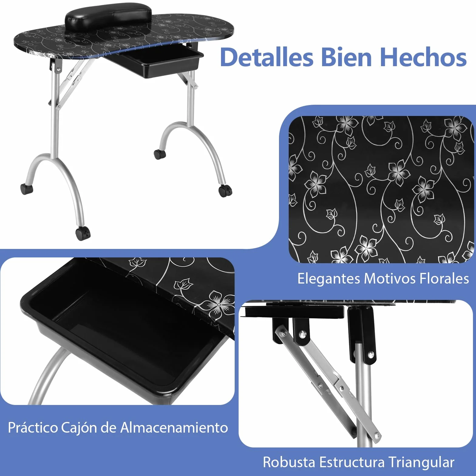 COSTWAY Mesa de Manicura con Ruedas Plegable Portátil con Caja de Almacenamiento y Almohada para la Muñeca para Uña Decoración