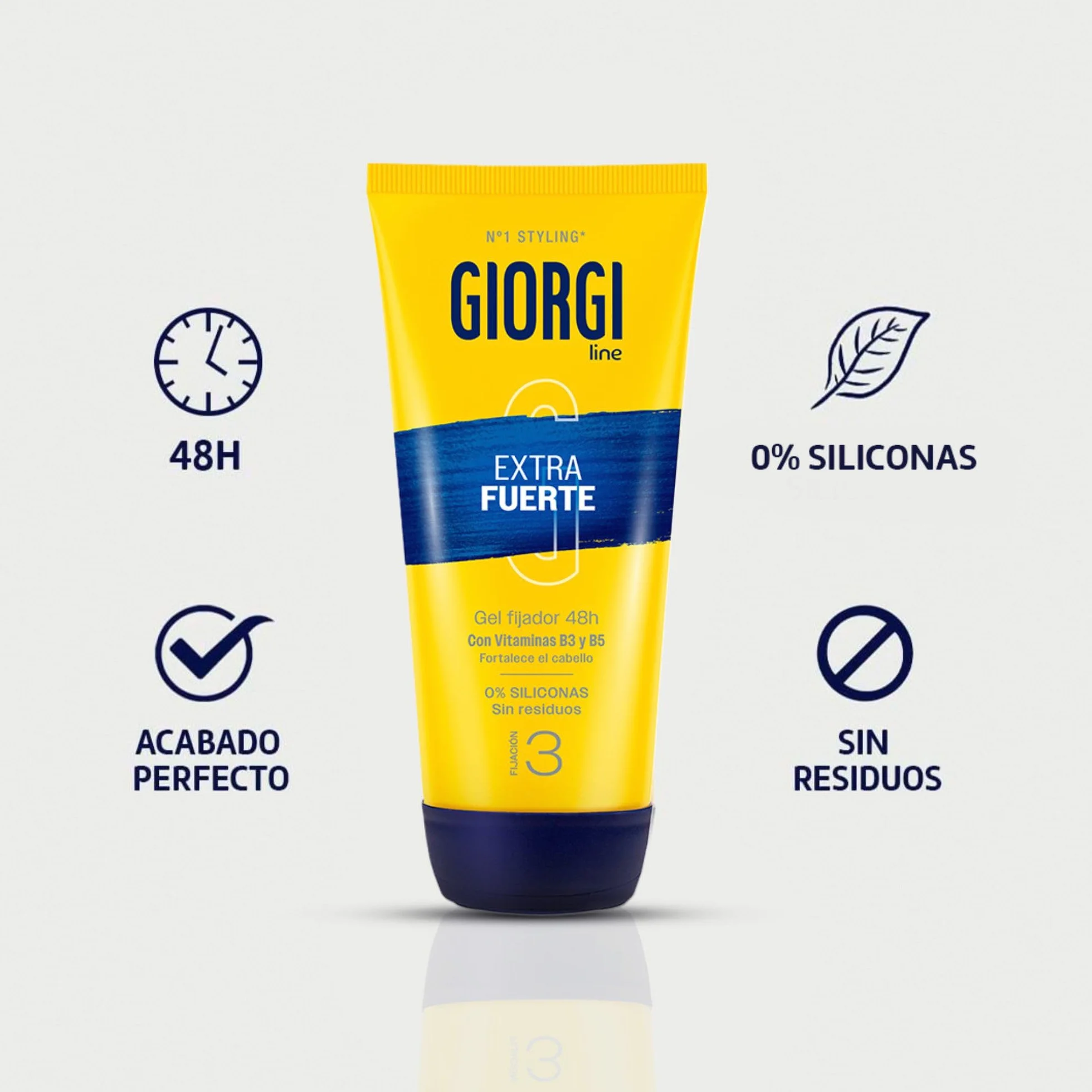 Giorgi Line Gomina Extra Fuerte XXL con Vitaminas B3 y B5 Fijación 3 Extrafuerte Duración 48h Sin Alcohol ni Siliconas Acabado Brillante 240 ml