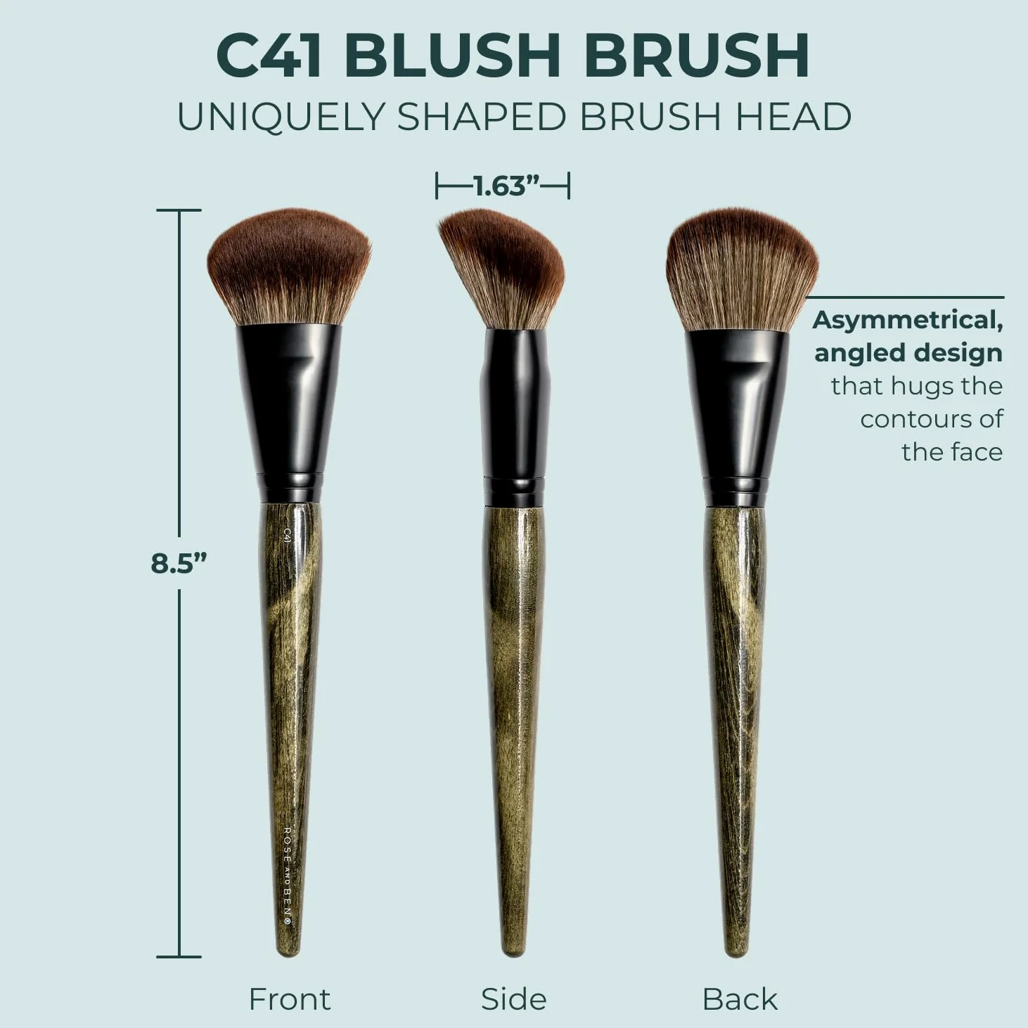Rose and Ben Beauty Brocha para rubor, cepillo profesional para una aplicación de maquillaje impecable, no desprende pelo en ángulo y libre de crueldad animal para cosméticos prensados, en polvo y