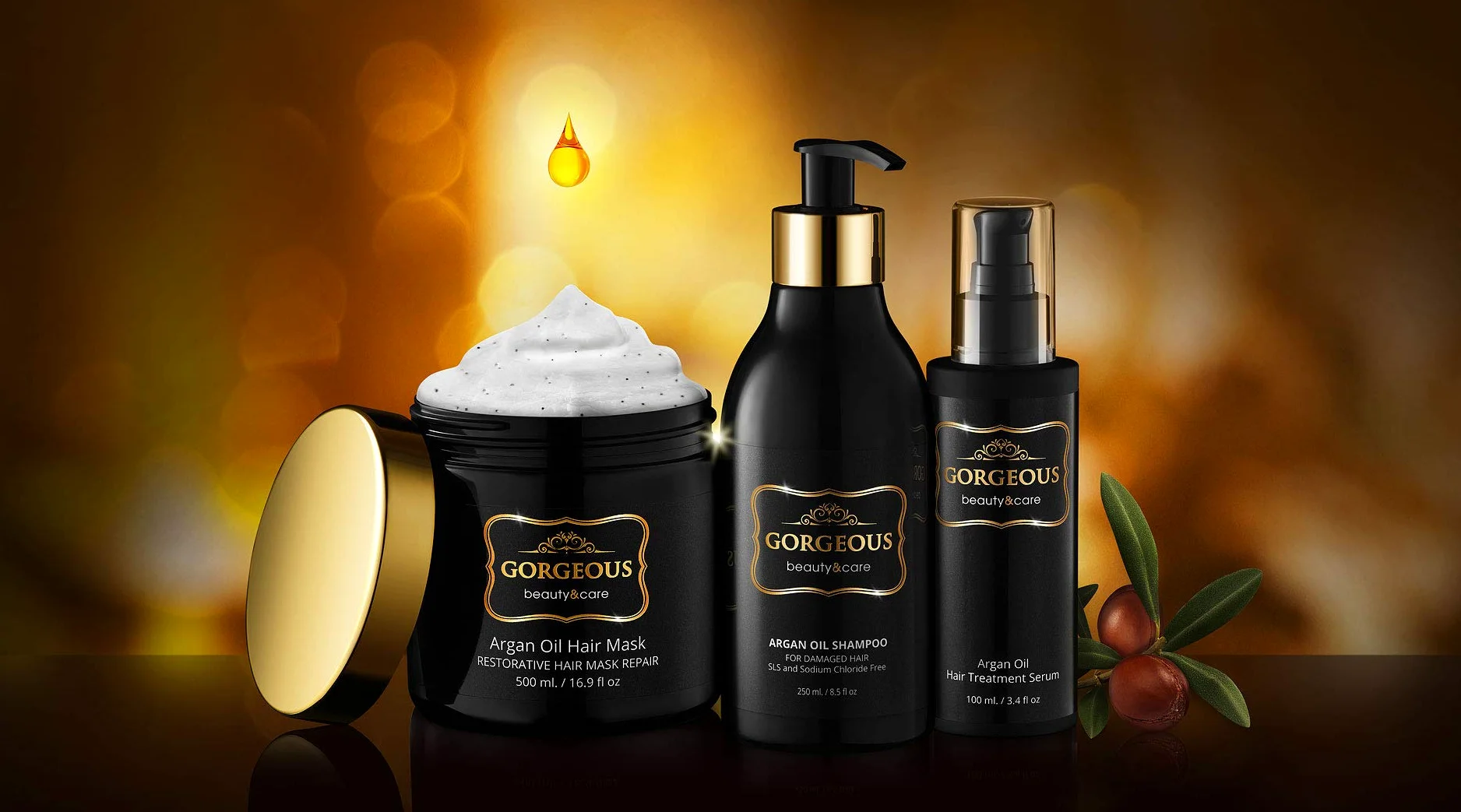 Set de 3 piezas de reparación de cabello con aceite de argán y aceite para proteger el cabello