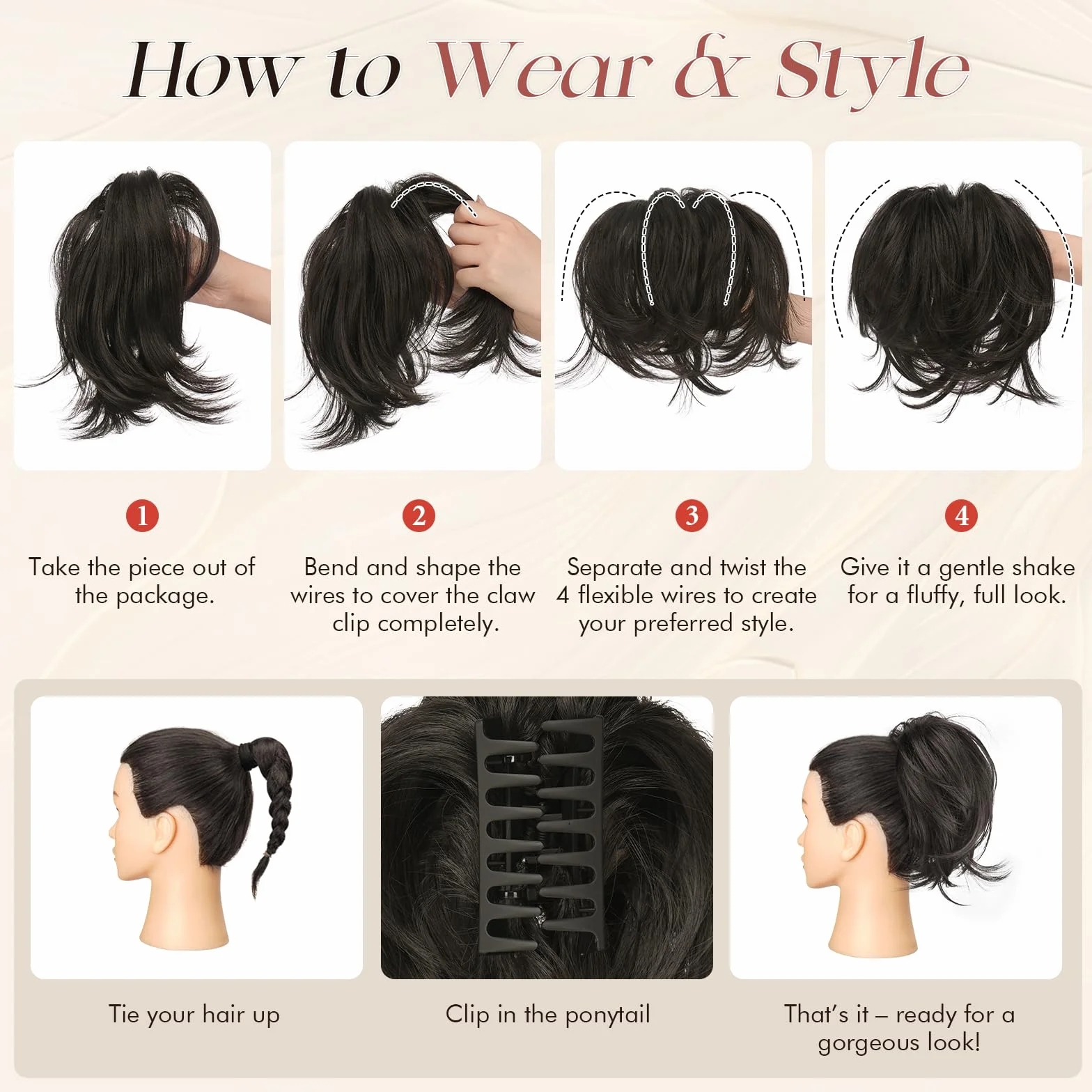 Postiza con Pinza Natural, Peluca Coleta Corta Liso con Alambre Flexible para Peinados DIY, Extensiones Sintéticas de Cola de Caballo para Mujeres, Negro Marrón