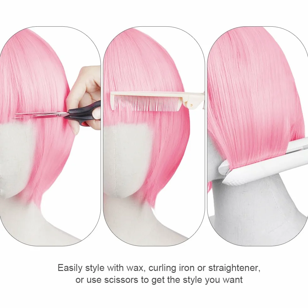 Aomig Peluca Rosa Corta Anime Cosplay con Gafas y Redecilla, Peluca Bob Sintética Neón Halloween Carnaval