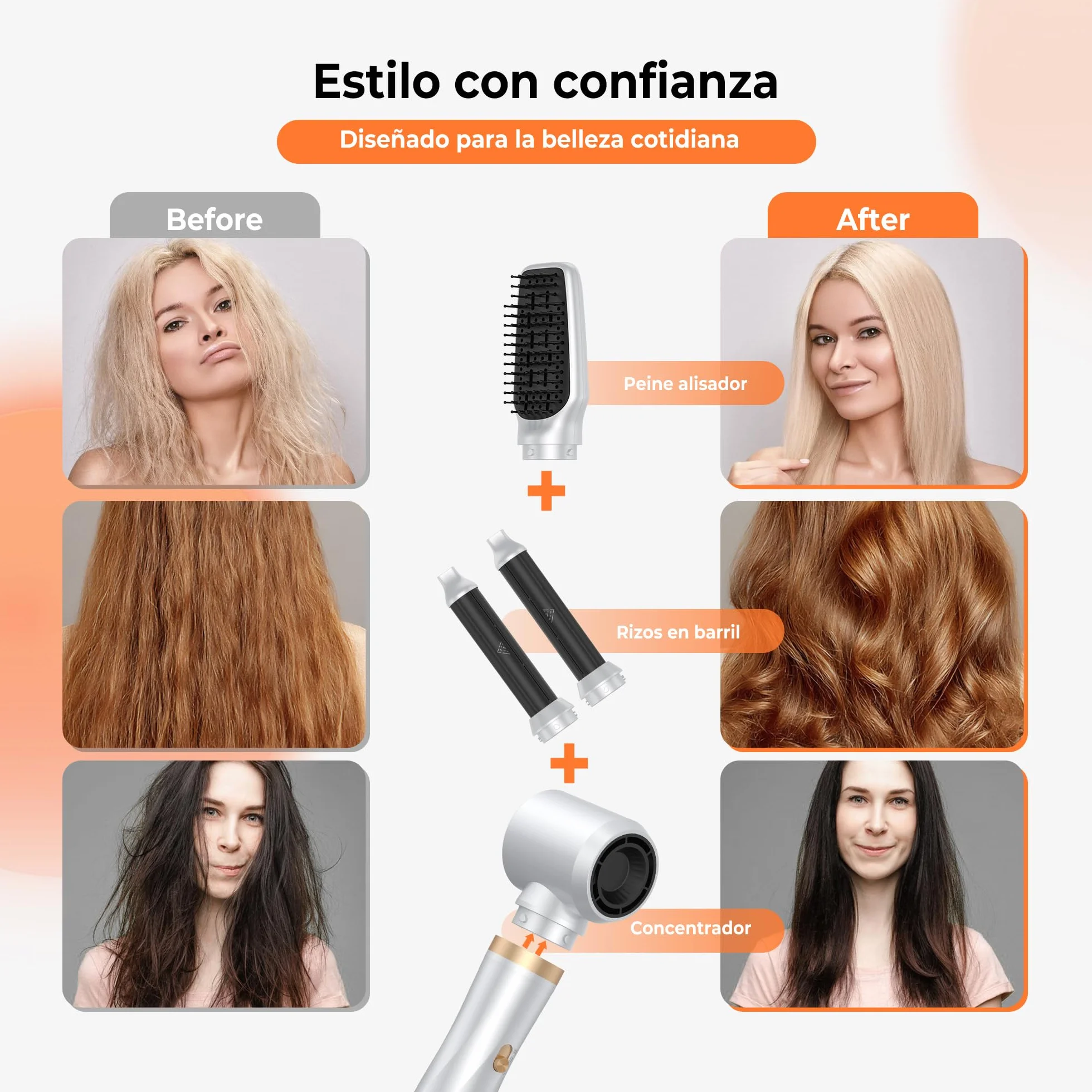 Cepillo Secador de Pelo 5 en 1 Multifunción con 5 Cabezales y 3 Temperaturas