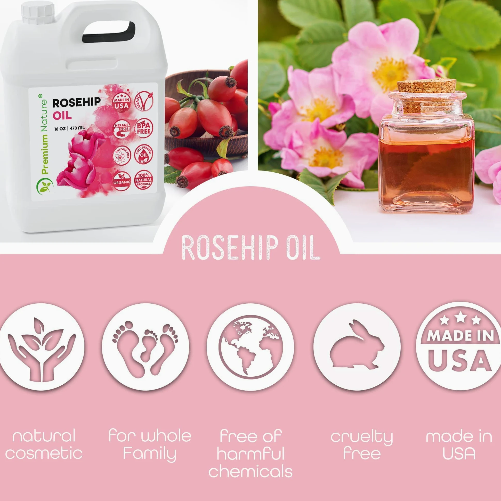 Aceite de rosa mosqueta para piel, cara, cuerpo, cabello, uñas, prensado en frío, sin refinar, aceite de rosa mosqueta, hidratante, masa, aceite de rosa mosqueta puro, 100 aceite de rosa mosqueta