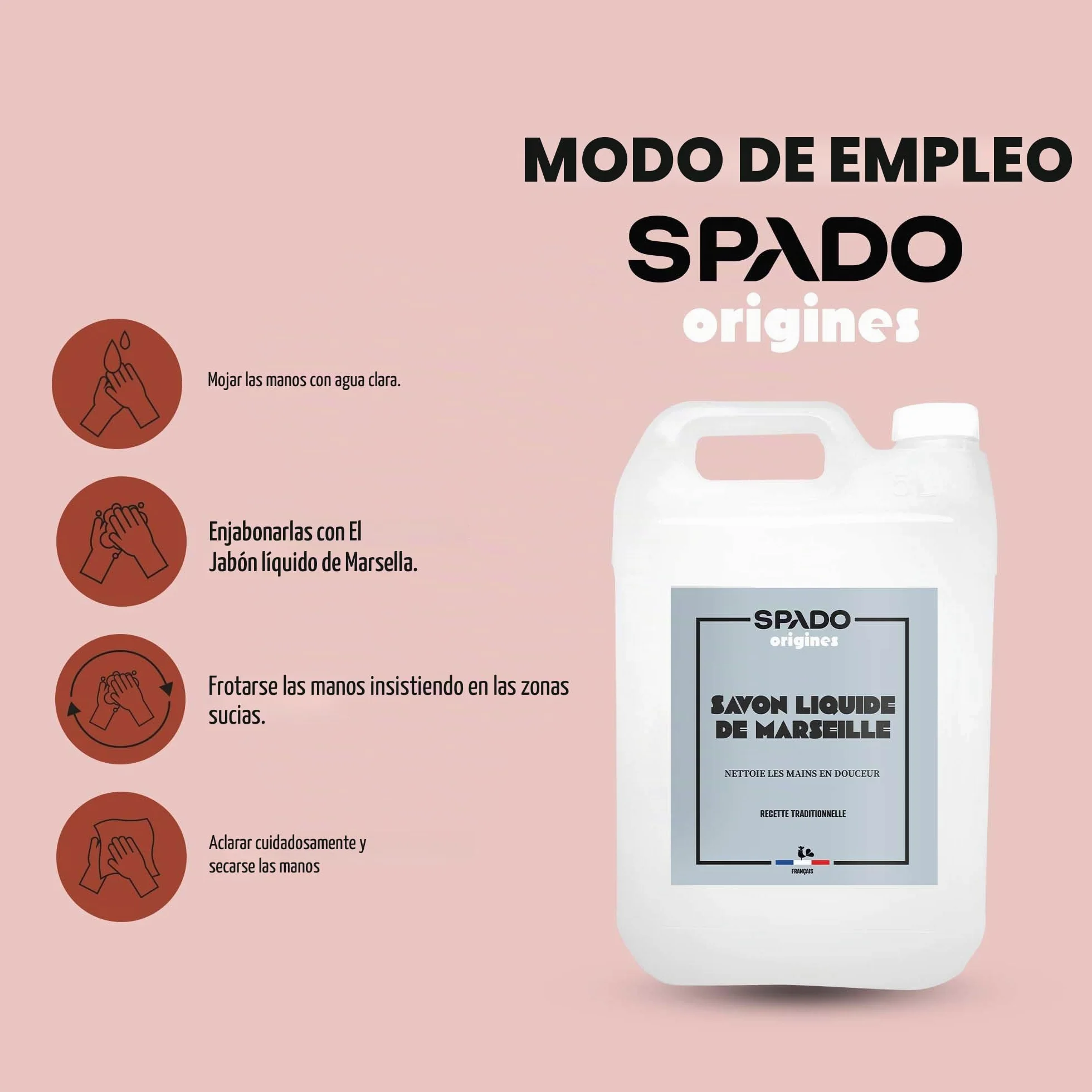 SPADO Origines – Jabón de Marsella líquido – 100% vegetal – Limpia y desengrasa – Suaviza las manos – Con aceite de oliva – 5 L – Fabricación francesa