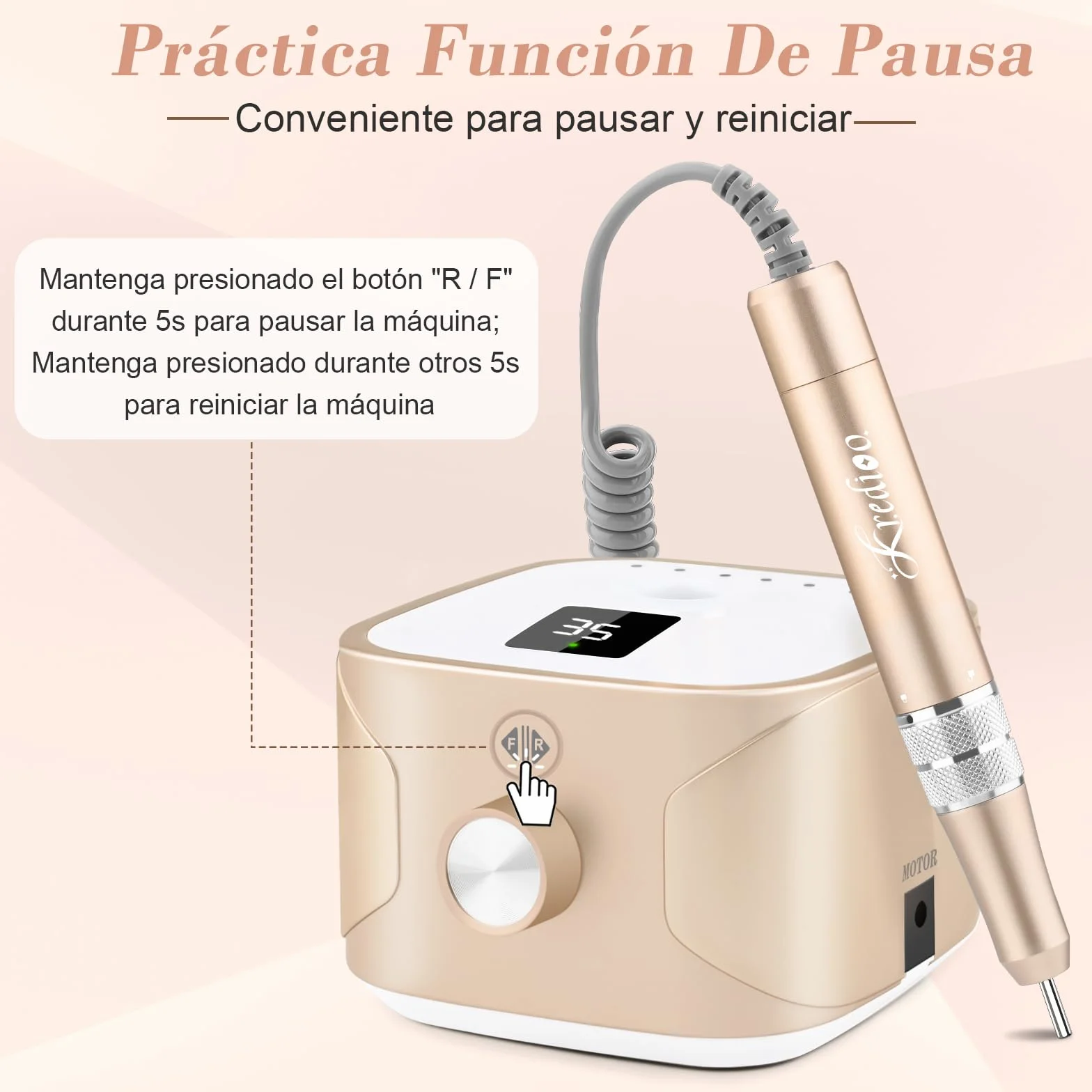Kredioo Torno para Uñas Profesional 35000 RPM, Pulidor Uñas, Lima Electrica, Nail Drill, Set Manicura y Pedicura Electrico, Kit 11 Fresas Brocas, LED Tátil, Quitar Acrílico Gel/Esmalte/Callos, Oro