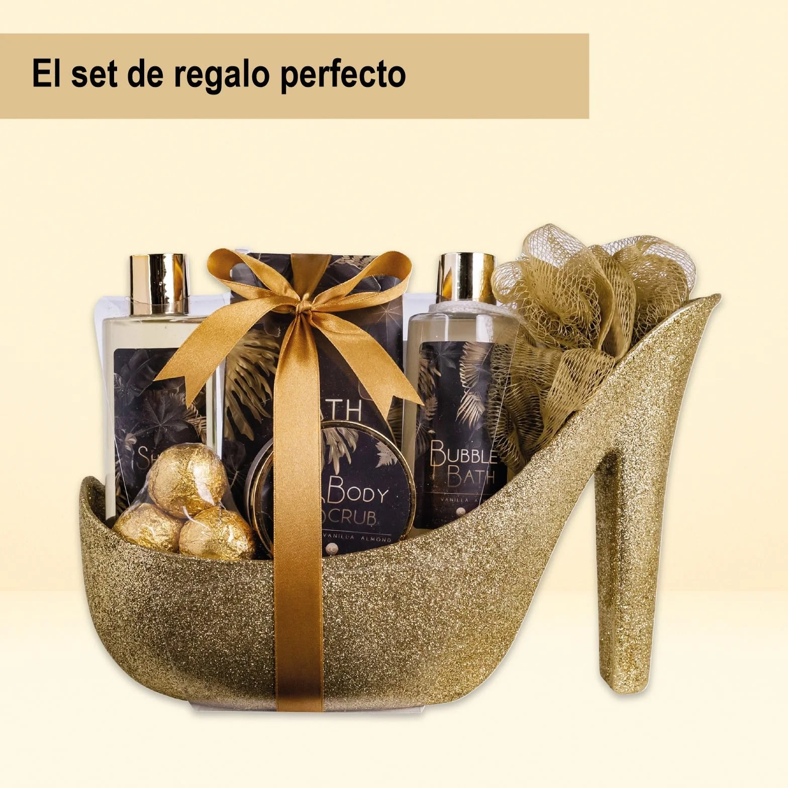 Set de regalo Aroma Vainilla-Almendra para mujer - Set de belleza de lujo con gel de ducha, sales de baño y loción corporal