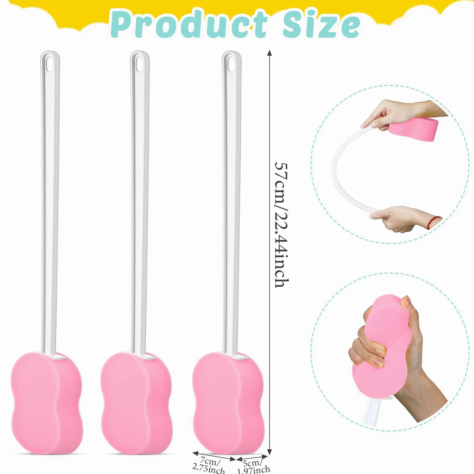 3 esponjas de mango largo de 22.4 pulgadas, esponja trasera en un cepillo corporal con mango para pies y cuerpo, movimiento limitado (rosa)
