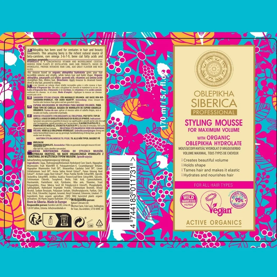 Natura Siberica Espuma Moldeadora de Oblepikha Pelo Rizado Rizos Definidos Volumen Natural Vegana Sin Siliconas