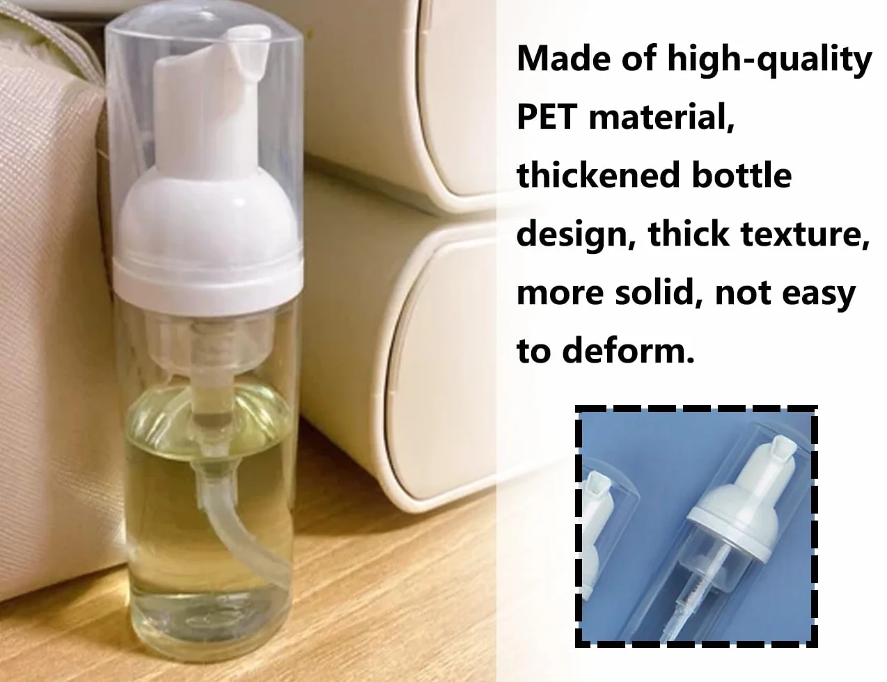 KAPSING Paquete de 4 botellas vacías transparentes de tamaño de viaje, dispensador sin aire de plástico vacío, botella con bomba de espuma de 50 ml * 2 y botella dispensadora de viaje de 30 ml * 2