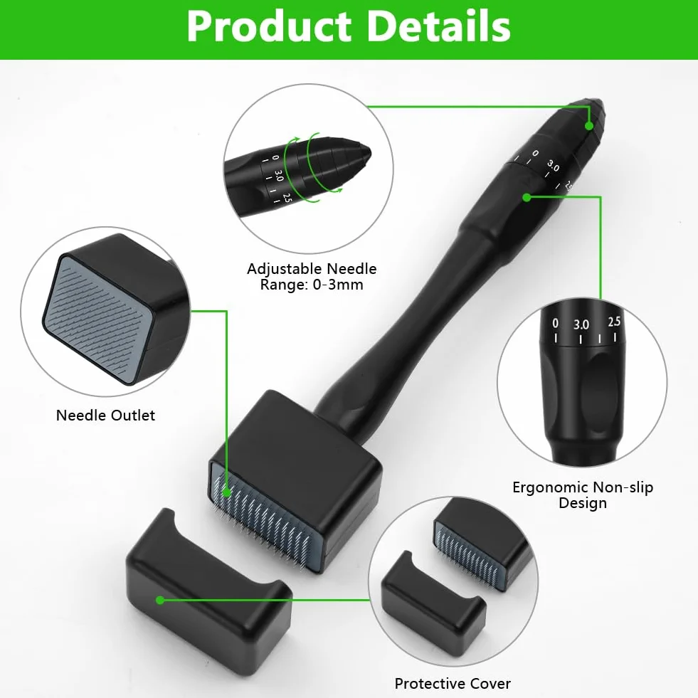 Derma Stamp Ajustable 0-3 mm Microneedling Dermapen Profesional 140 Pines Microagujas para Cabello Barba y Cuidado Facial Negro