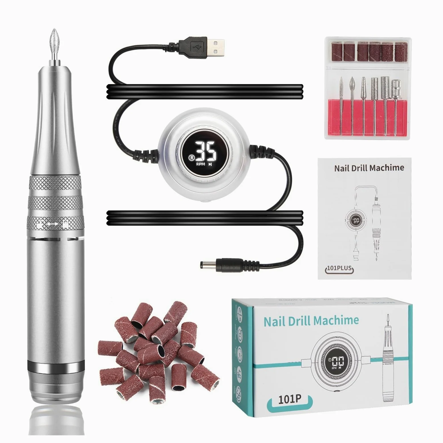 Torno para Uñas, Máquina de manicura de 35000 RPM, taladro de uñas eléctrico, torno de uñas portátil, juego de cortador de manicura eléctrico, pulidor de uñas en gel, equipo de salón(101P Silver)