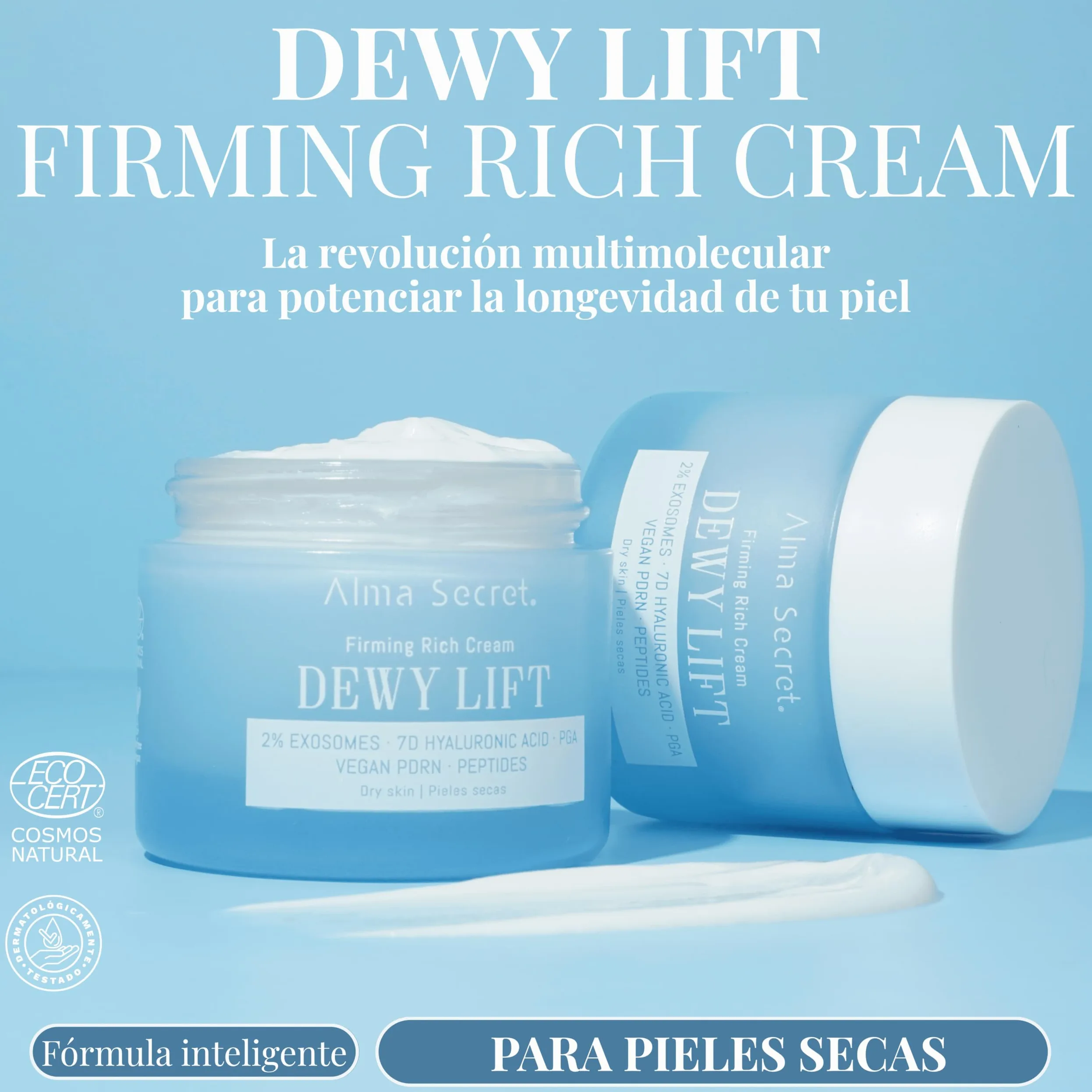 ALMA SECRET | Dewy Lift Rich Firming Cream | Crema de día reafirmante, redensificante e hidratante con 2% Exosomas, PDRN Vegano, 7D Ácido Hialurónico y PGA | 50 ml (Piel seca)