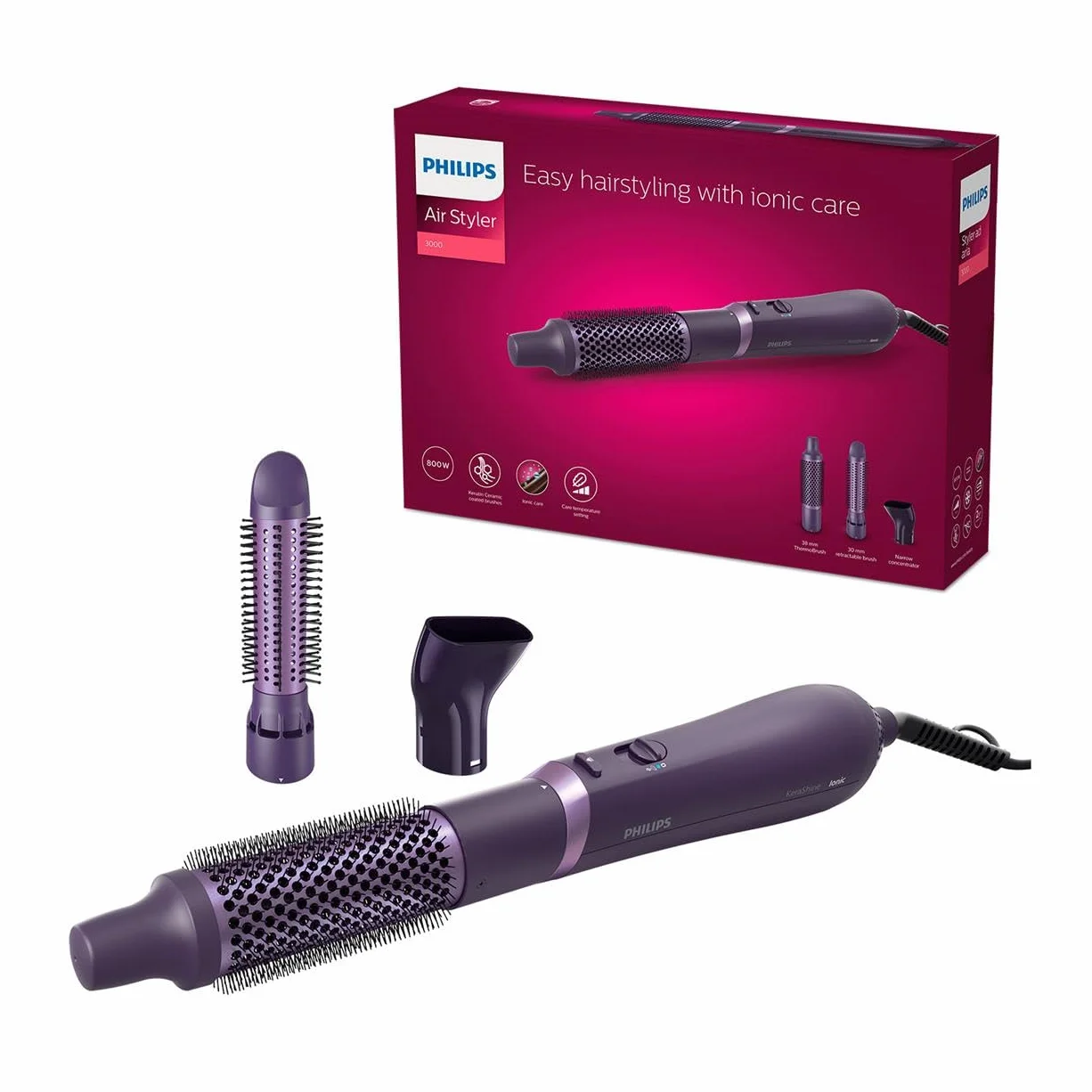Philips Cepillo Moldeador Serie 3000, Revestimiento Ceramico con Keratina, 3 Accesorios, Ionico, Morado