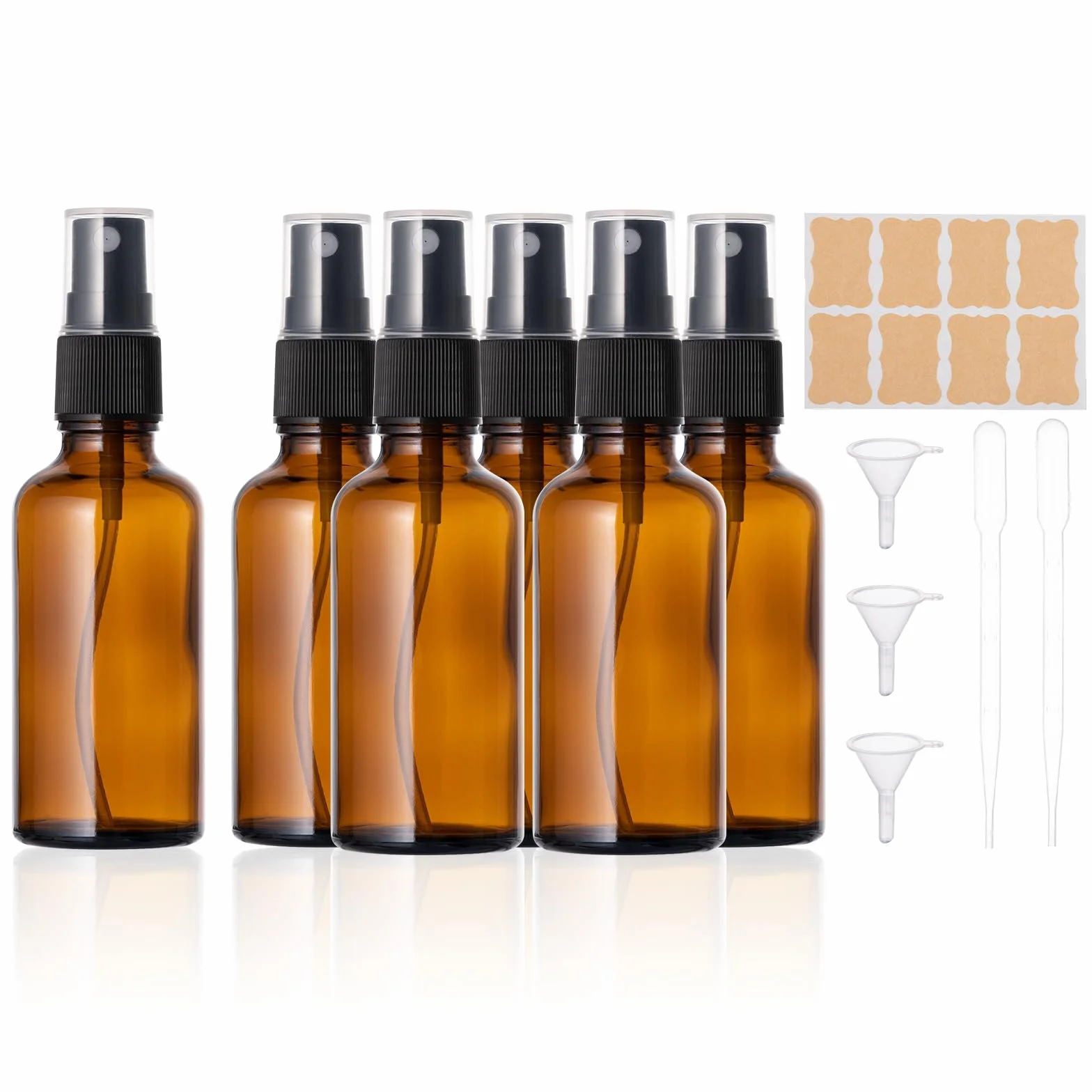 Kiperline 6 botellas spray de cristal vacías 50 ml, ámbar, con embudo, pipetas y etiquetas para aceites esenciales