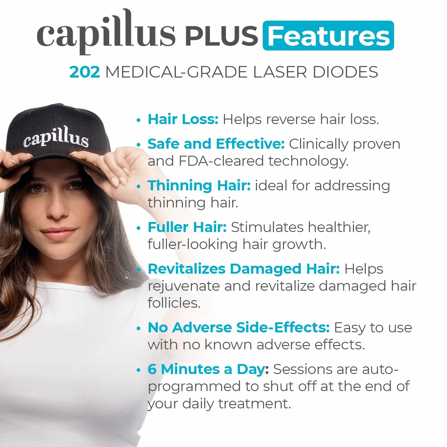 Capillus202 Terapia láser para el crecimiento del pelo – NUEVO Modelo 6 Minutos y Ajuste Flexible. Autorizado por la FDA para Tratamiento Médico de la Alopecia Androgenética – Gran Covertura