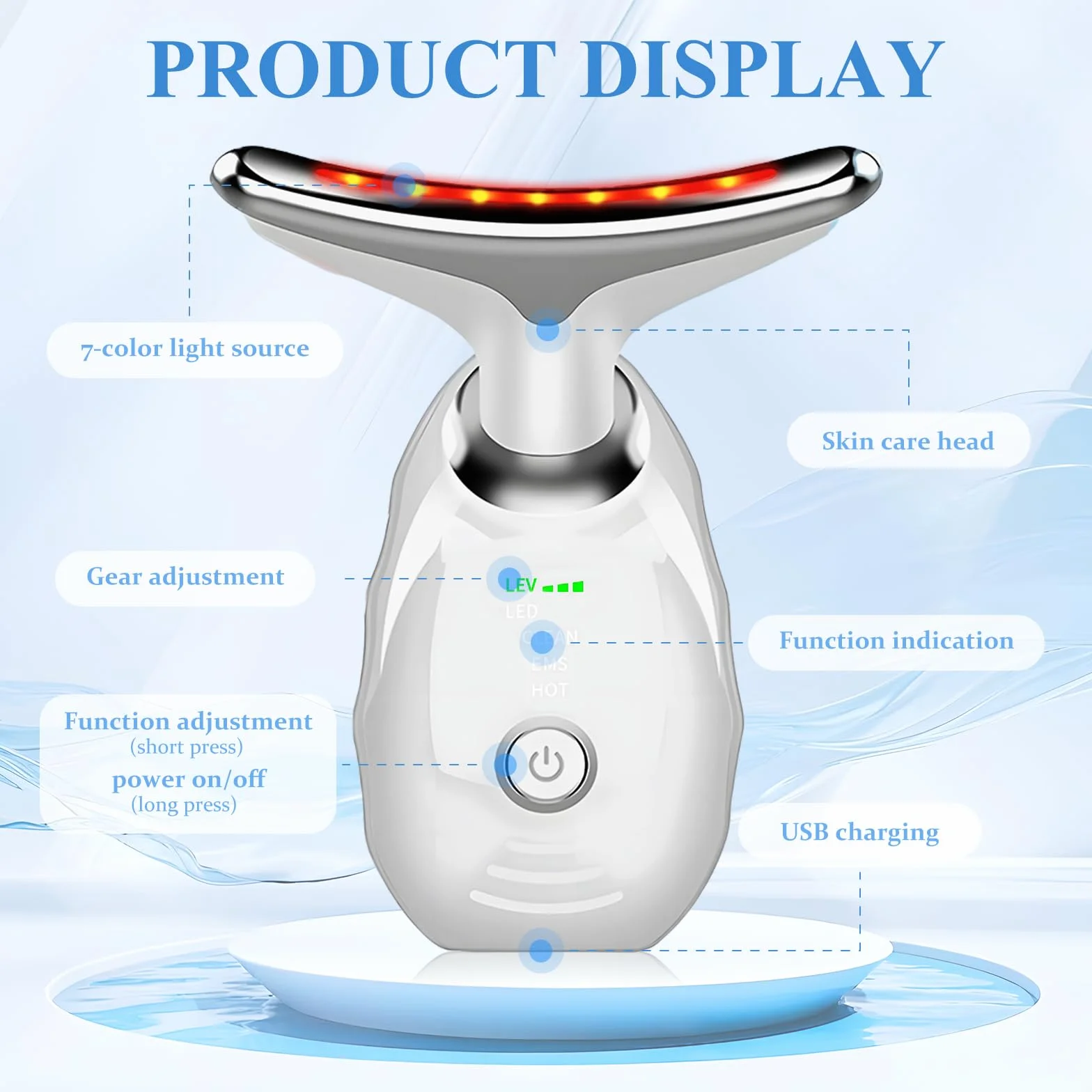 Journeyside Masajeador Facial Eléctrico Antiarrugas 3 Modos LED 7 Colores Calefacción 45℃ EMS Lifting Reafirmación