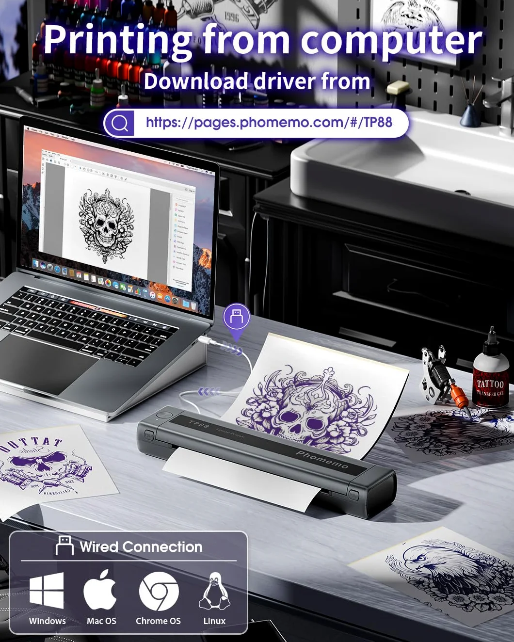 Phomemo TP88 - Impresora de plantillas de transferencia de tatuajes, impresora térmica de tatuajes con 10 piezas de papel de transferencia, máquina de tatuaje Bluetooth para artistas del tatuaje,