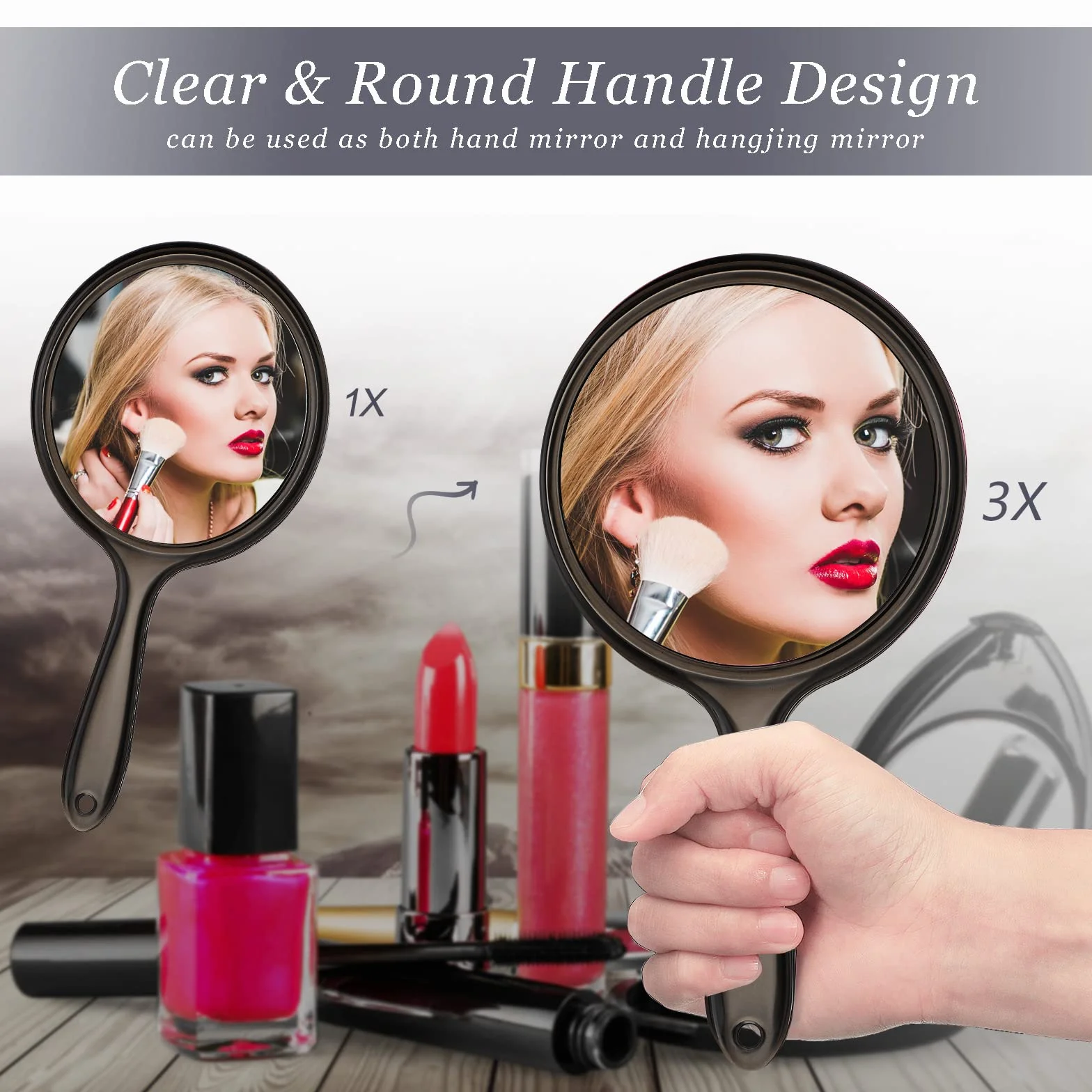 Jetec Espejo de Mano Doble Cara Aumento 1X/ 3X Redondo Portátil para Maquillaje Viaje (Negro)