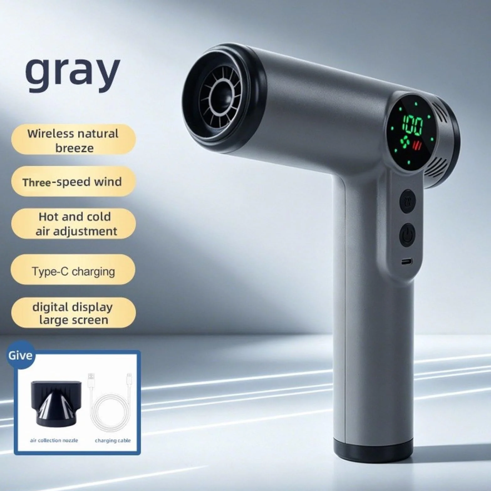 Secador de pelo portátil inalámbrico recargable por USB, secador de pelo de viaje con boquilla, ligero, ABS, compacto, para uso en casa, gimnasio, viajes (gris)