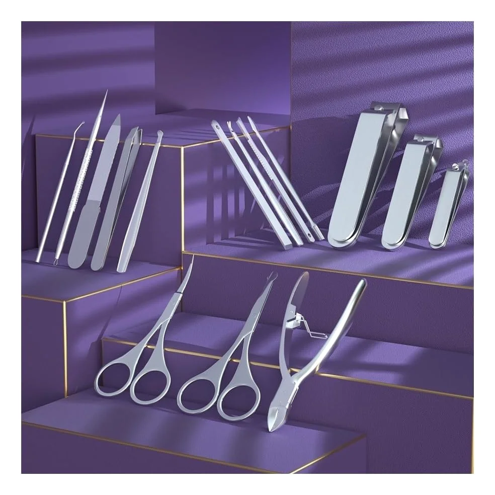 Kit de manicura y pedicura 15 en 1 de acero inoxidable con estuche de viaje, herramientas para el cuidado de las uñas de los pies, cortaúñas para los dedos de los pies y cortaúñas para las manos.