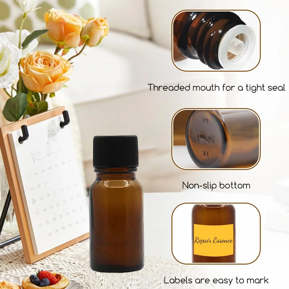 Frascos de vidrio ámbar vacíos 20 ml para aceites esenciales con reductor y tapas negras