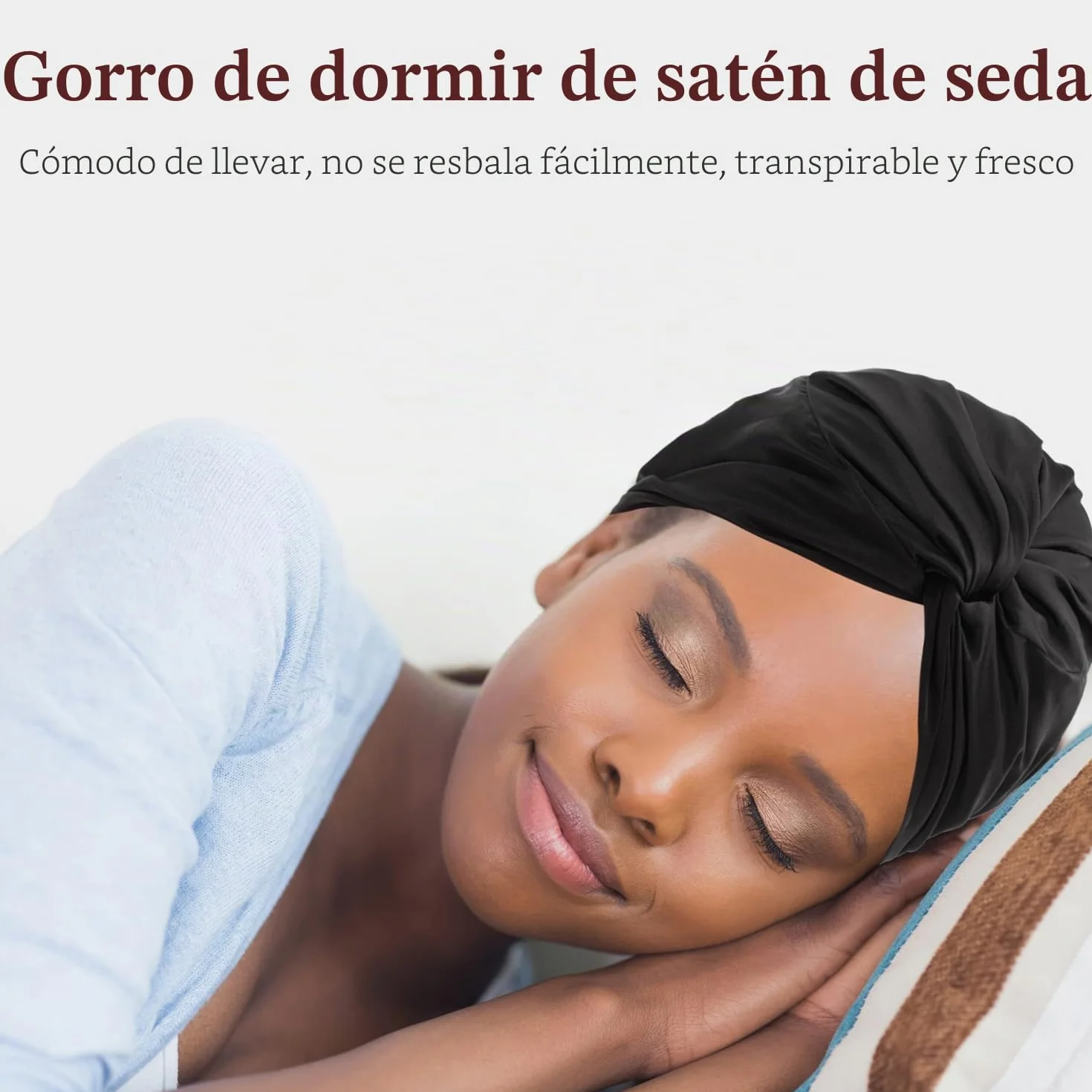 Gorro de seda de doble capa para dormir ajustable con goma de satén para mujer