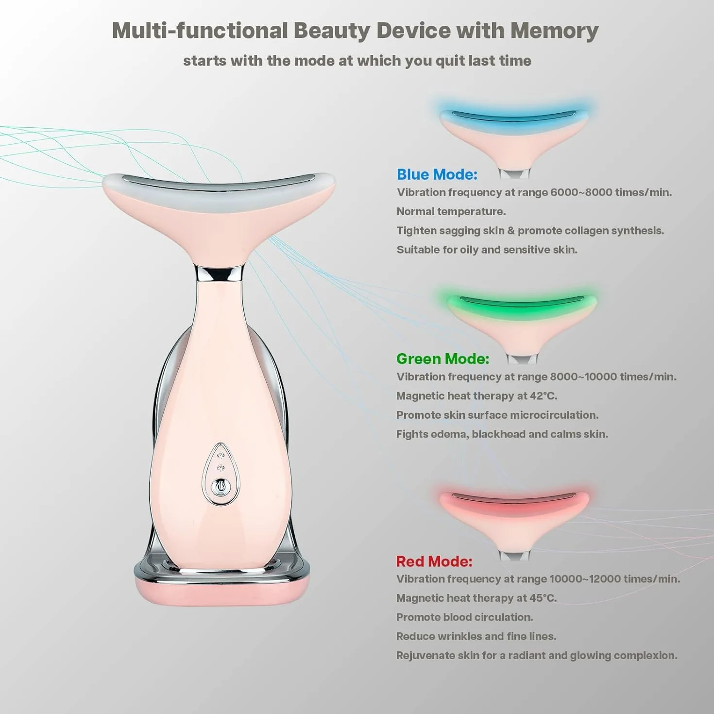 VRAIKO Lily Masajeador de Cuello y Rostro, Herramienta de Esculpido Facial, Rejuvenecimiento con Calor, LED Triple Acción y Vibración, Anti-Edad, Lifting y Tensado (Rosa)