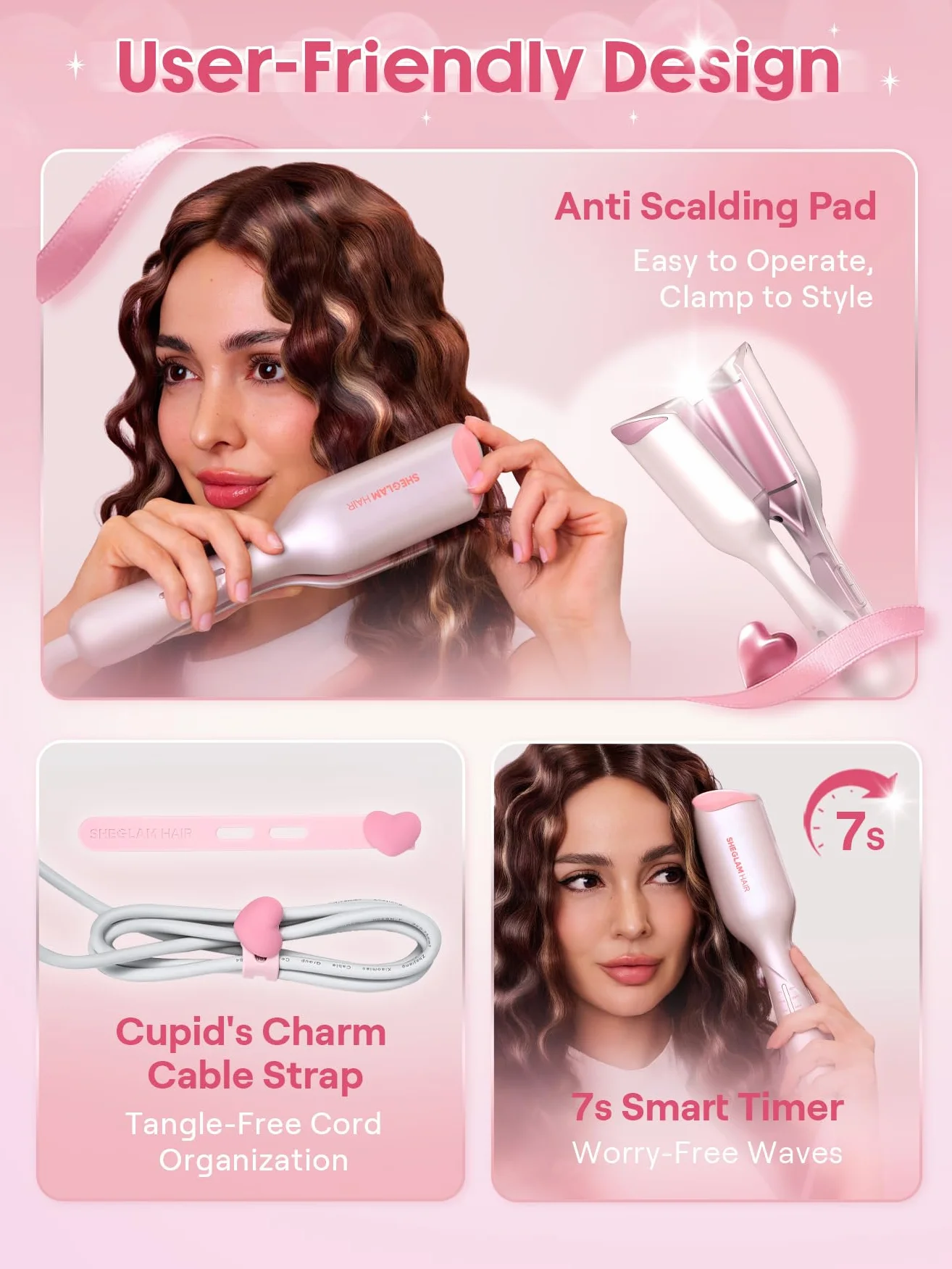 SHEGLAM Rizador Doble Barril Rosa - Ondas Beach Waves, 5 Temperaturas, Anti-Quemaduras, Doble Voltaje (25mm)
