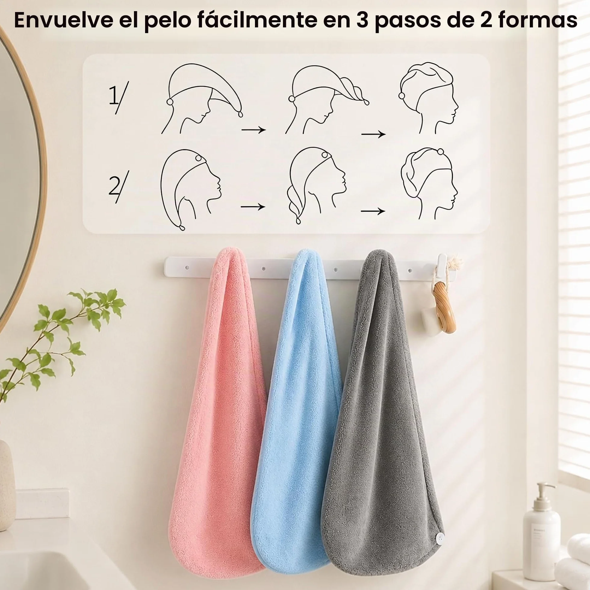 Toalla de Microfibra para Secar el Pelo, Turbante Superabsorbente con Botón para Cabello Largo y Rizado