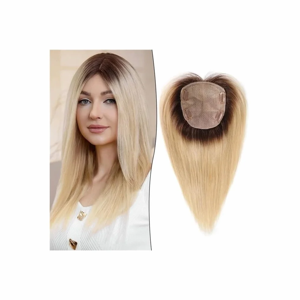 Extensiones de cabello humano de 30 cm for mujer, 12,7 x 14 cm, gran cobertura for cabello fino.(With Bangs,Ombre Light Blonde)