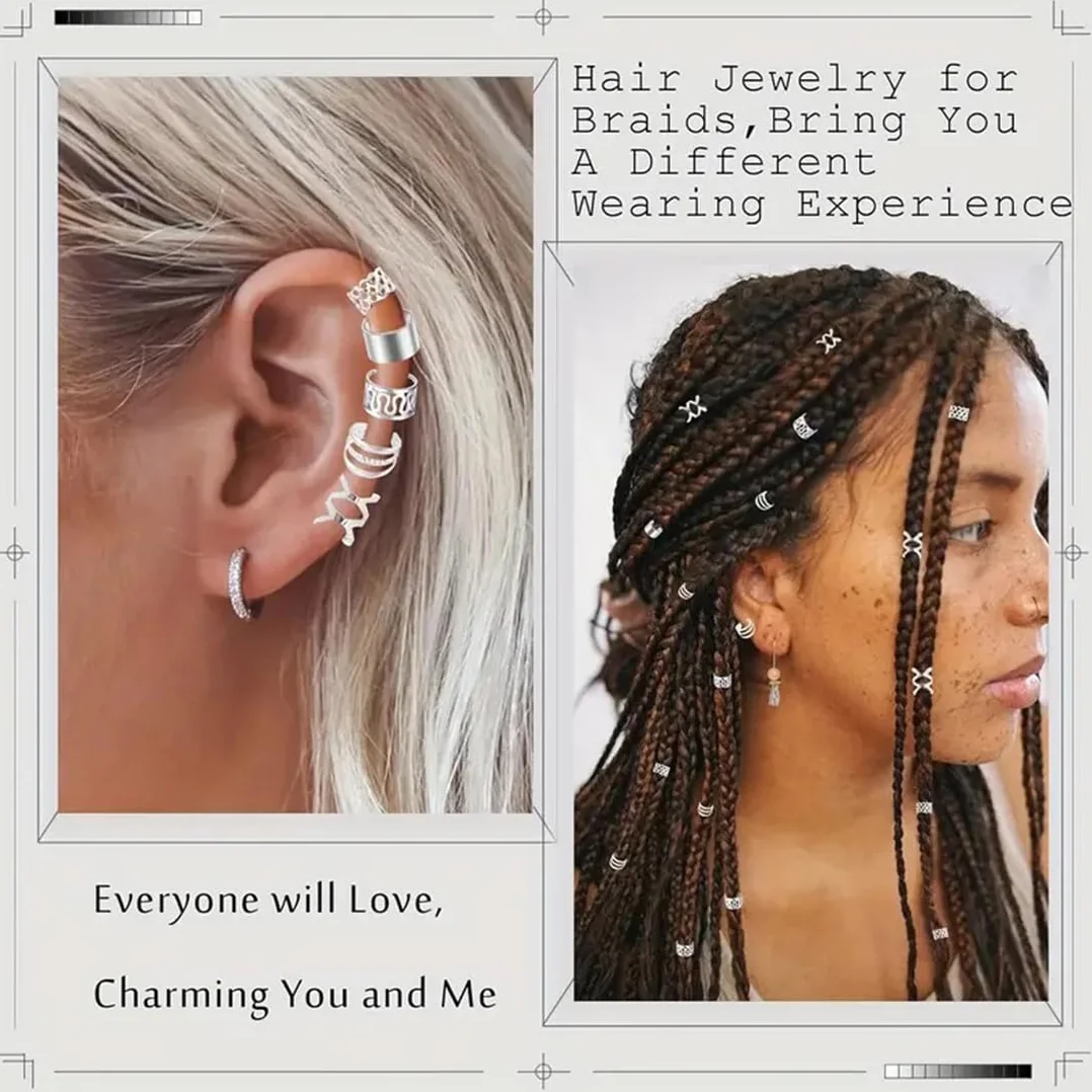 Accesorios para trenzas Loc 60 piezas ajustables Oro+Plata