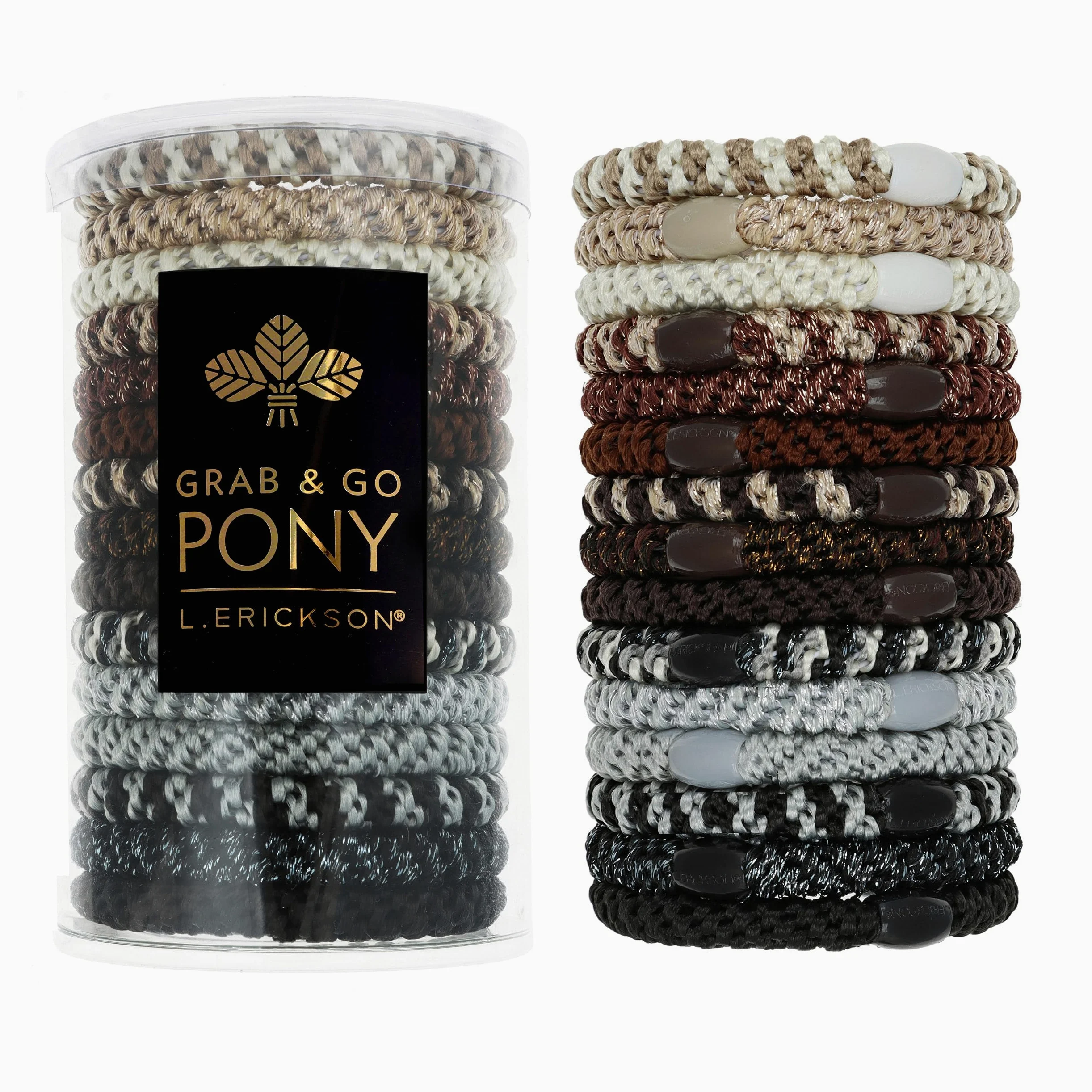 L. Erickson Tubo de poni Grab & Go marrón y negro, paquete de 15, neutrales Nouveau | Lazos para cabello grueso, bandas gruesas sin arrugas con fuerte sujeción, diseño sin daños, mezcla neutra moderna