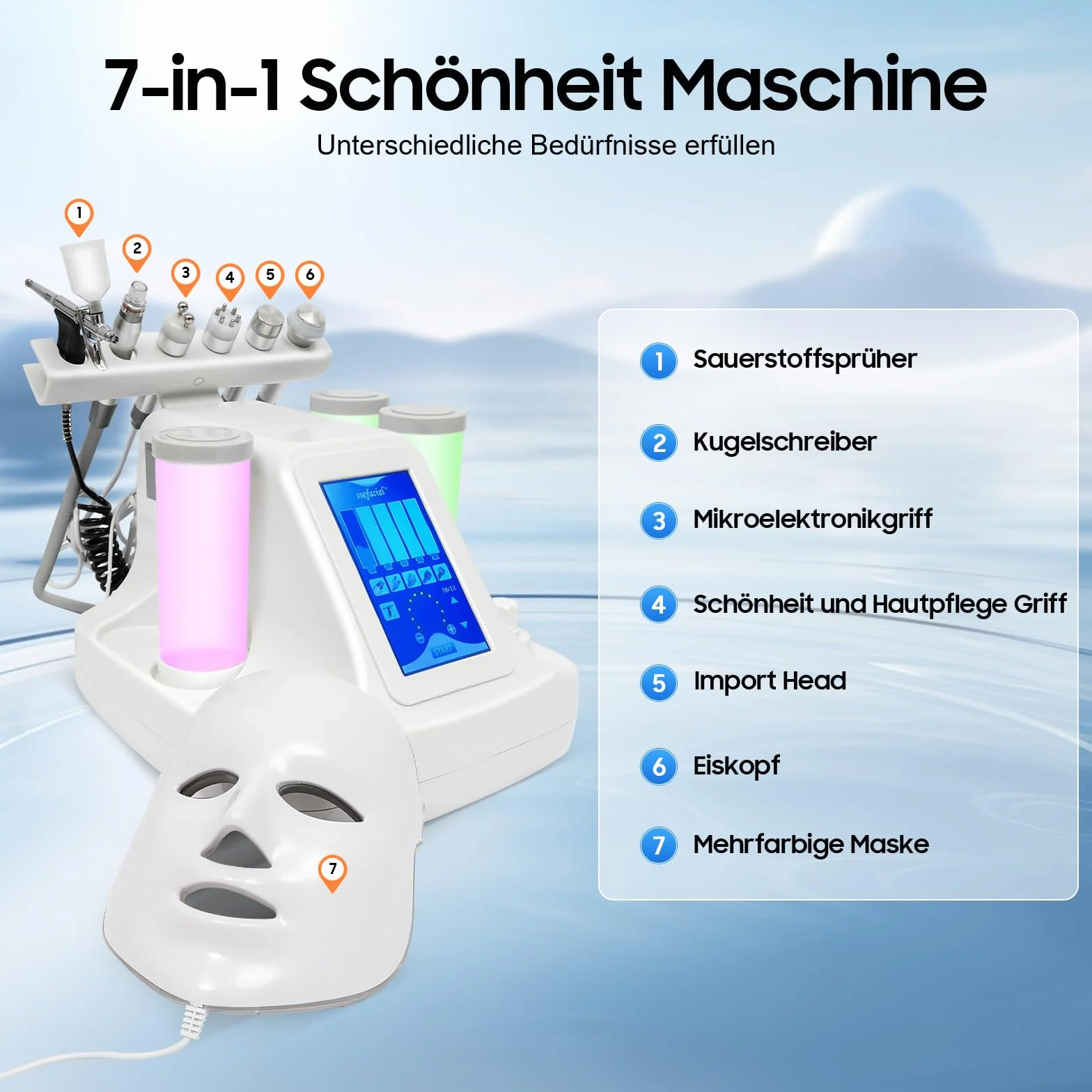 Máquina de belleza 7 en 1, oxígeno hidrógeno, limpieza profunda, Hydra Beauty Facial Care Machine con máscara LED, pequeñas burbujas de aire, instrumento de limpieza con pantalla LED