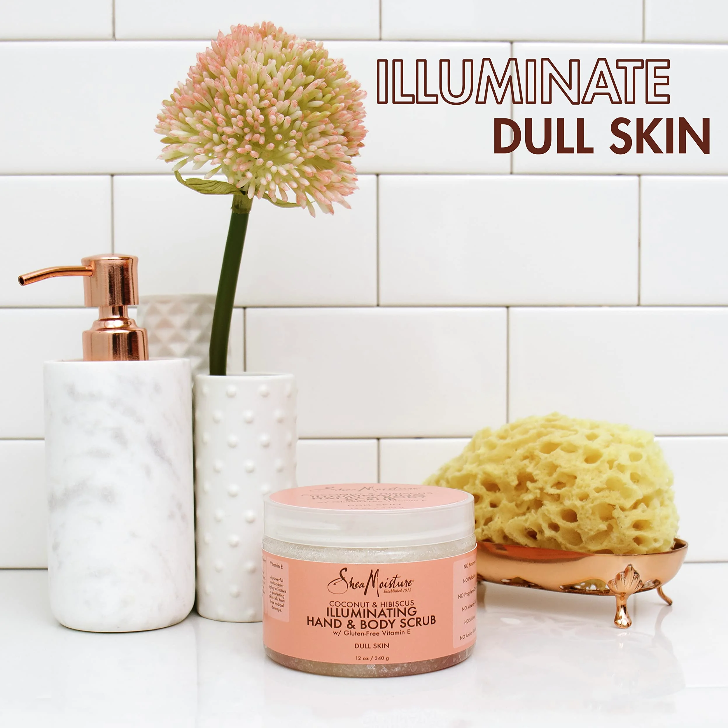 SheaMoisture - Exfoliante corporal para piel opaca iluminadora de coco e hibisco, cuidado de la piel libre de crueldad, 12 onzas