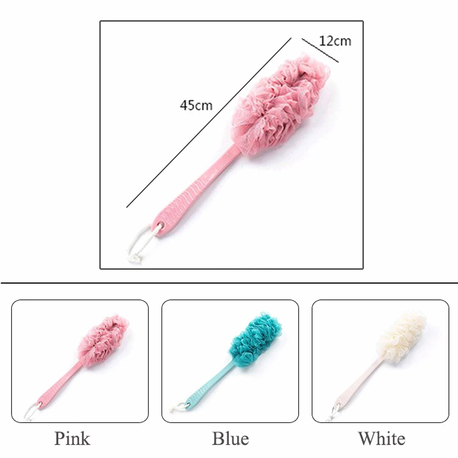 Cepillo de baño - Fregador de espalda para ducha Malla de nailon grande Esponja de baño de mango largo Herramienta de limpieza para frotar la espalda para mujeres y hombres Accesorios de ducha (Colo