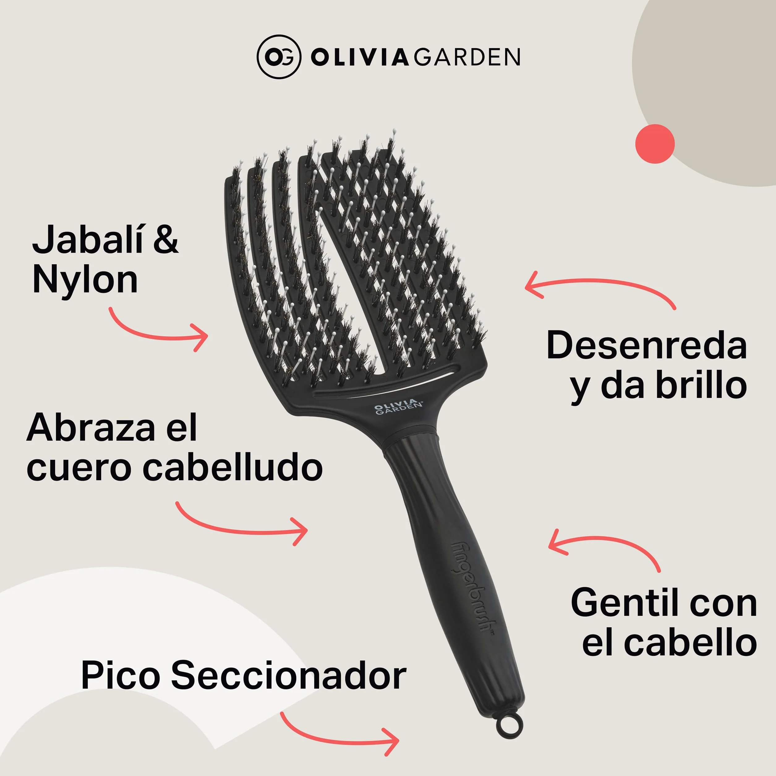 Olivia Garden Fingerbrush Combo Large Cepillo Pelo Largo Antitirones Cerdas Jabalí Nylon Brillo Natural Negro