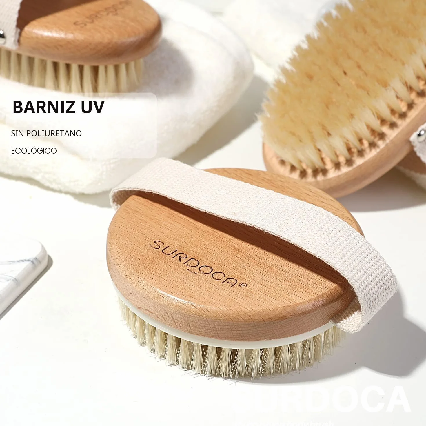 SURDOCA Cepillo Exfoliante Corporal para Cepillado en Seco y Ducha, Depurador de Espalda, Exfoliante Suave y Masaje con Cerdas de jabalí