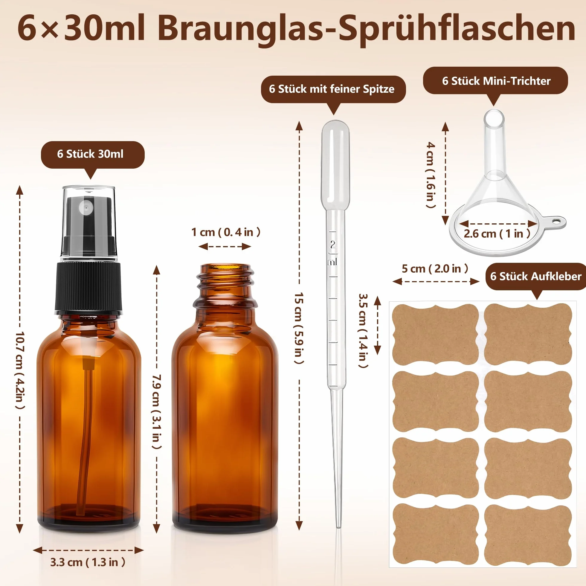Elalove 6 botellas pulverizadoras de vidrio ámbar 30ml con cuentagotas para aceites esenciales