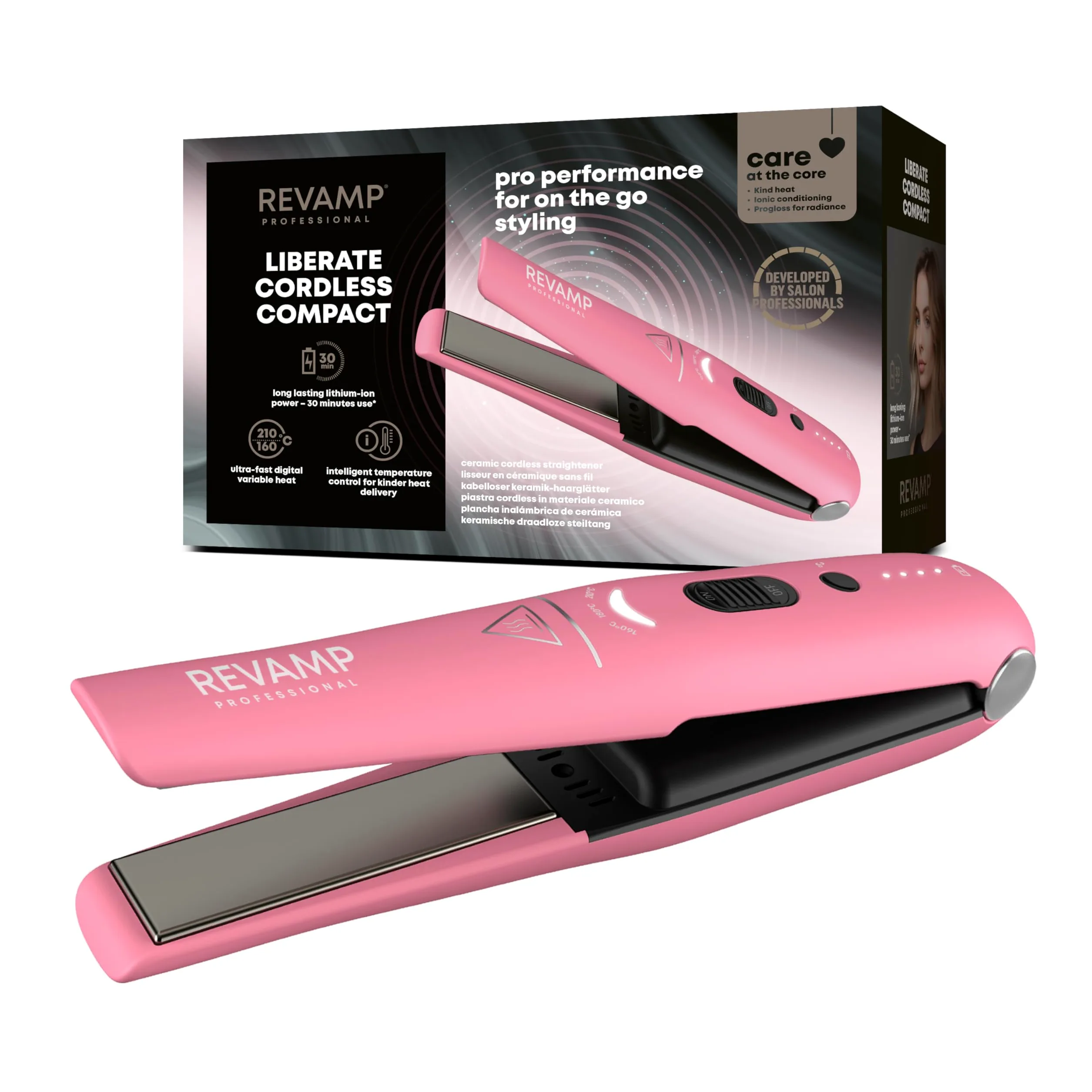 REVAMP Plancha de Pelo Inalámbrica Compacta Liberate de Cerámica - Plancha de Pelo Recargable, Plancha Portátil para Alisar, Rizar y Ondular - Rosa