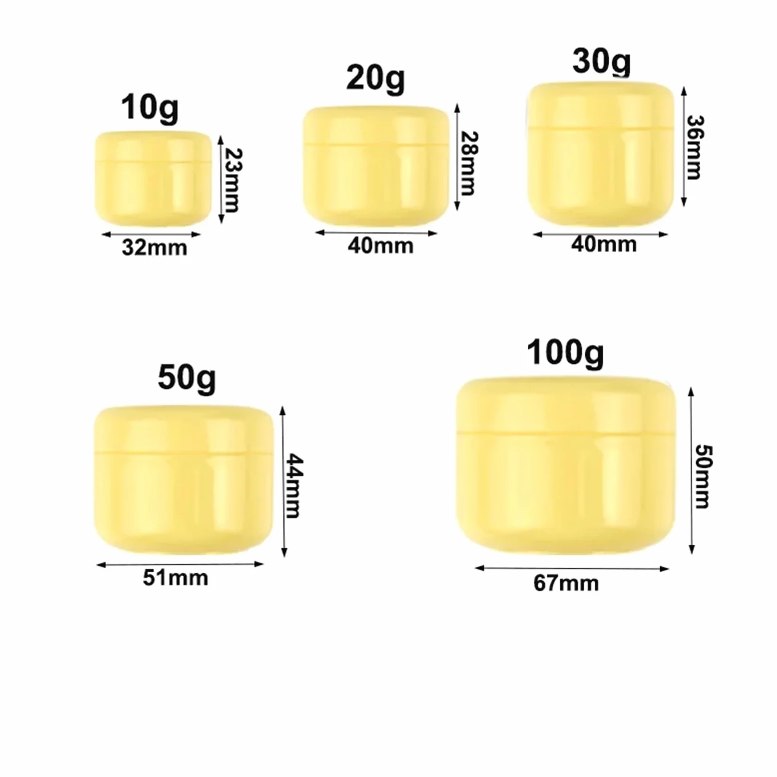 Tarros de cosméticos， 20 piezas 10g/20g/30g/50g/100g frasco de maquillaje vacío bote amarillo botellas de muestra recargables crema facial de viaje loción contenedor cosmético for cremas(100g)
