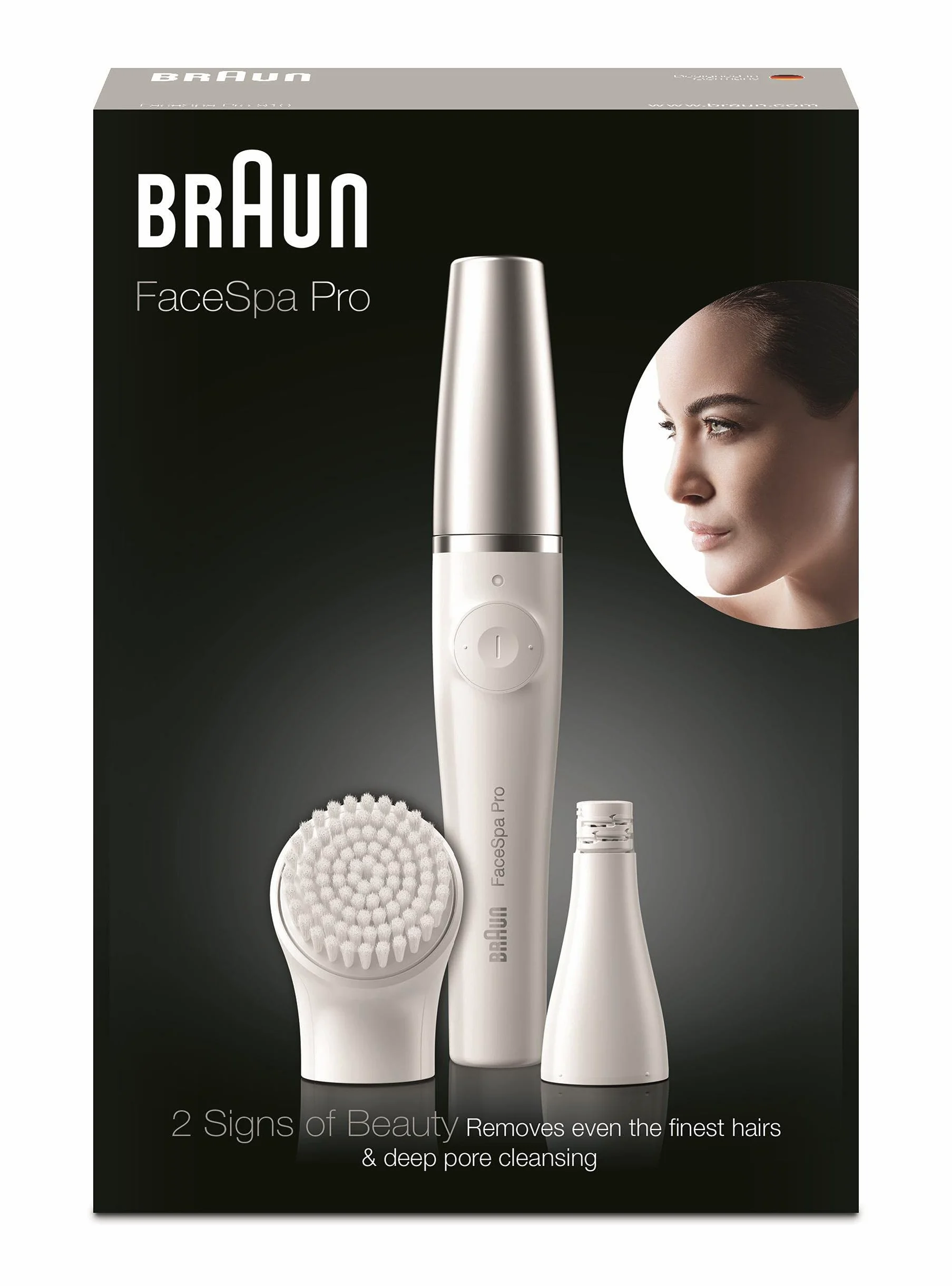 Braun FaceSpa Pro Beauty Set con depiladora facial para mujer, cepillo de limpieza facial, accesorio para depilación y limpieza, regalo mujer, SE910, color blanco/plateado