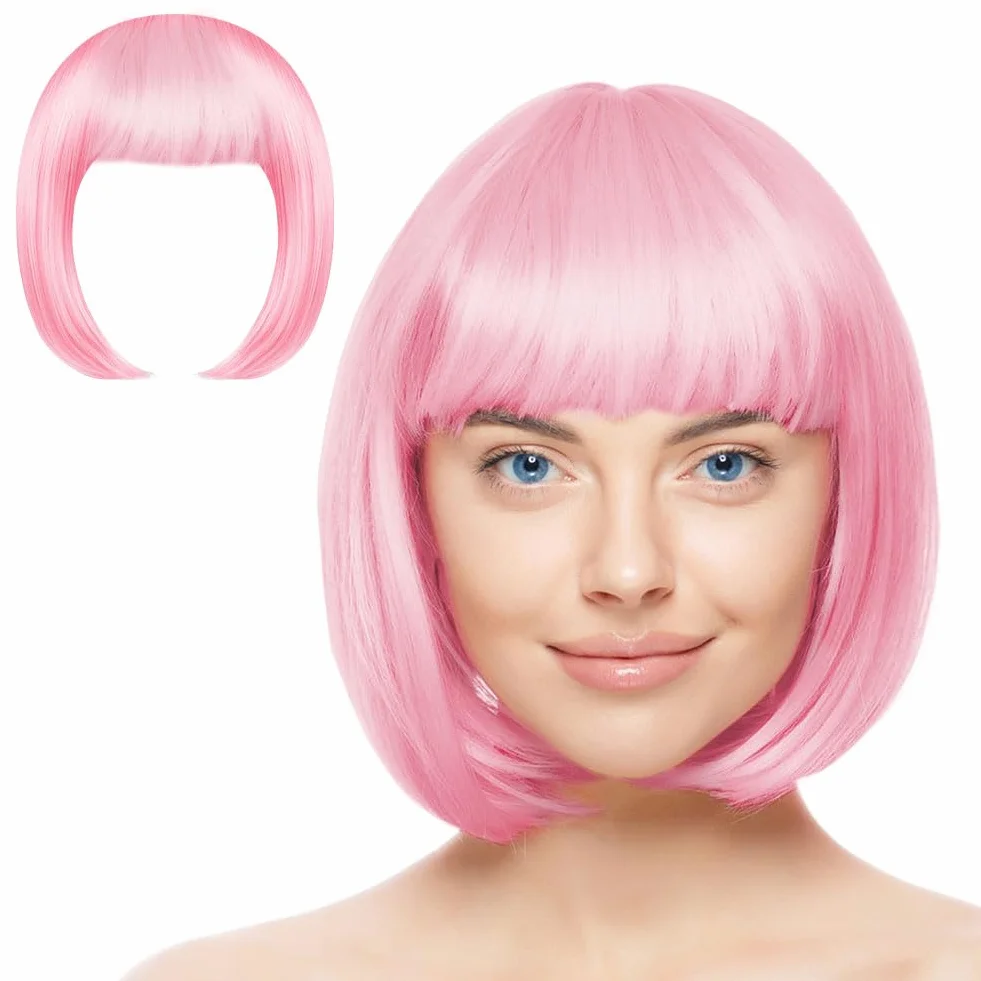 Aomig Peluca Rosa Corta Anime Cosplay con Gafas y Redecilla, Peluca Bob Sintética Neón Halloween Carnaval