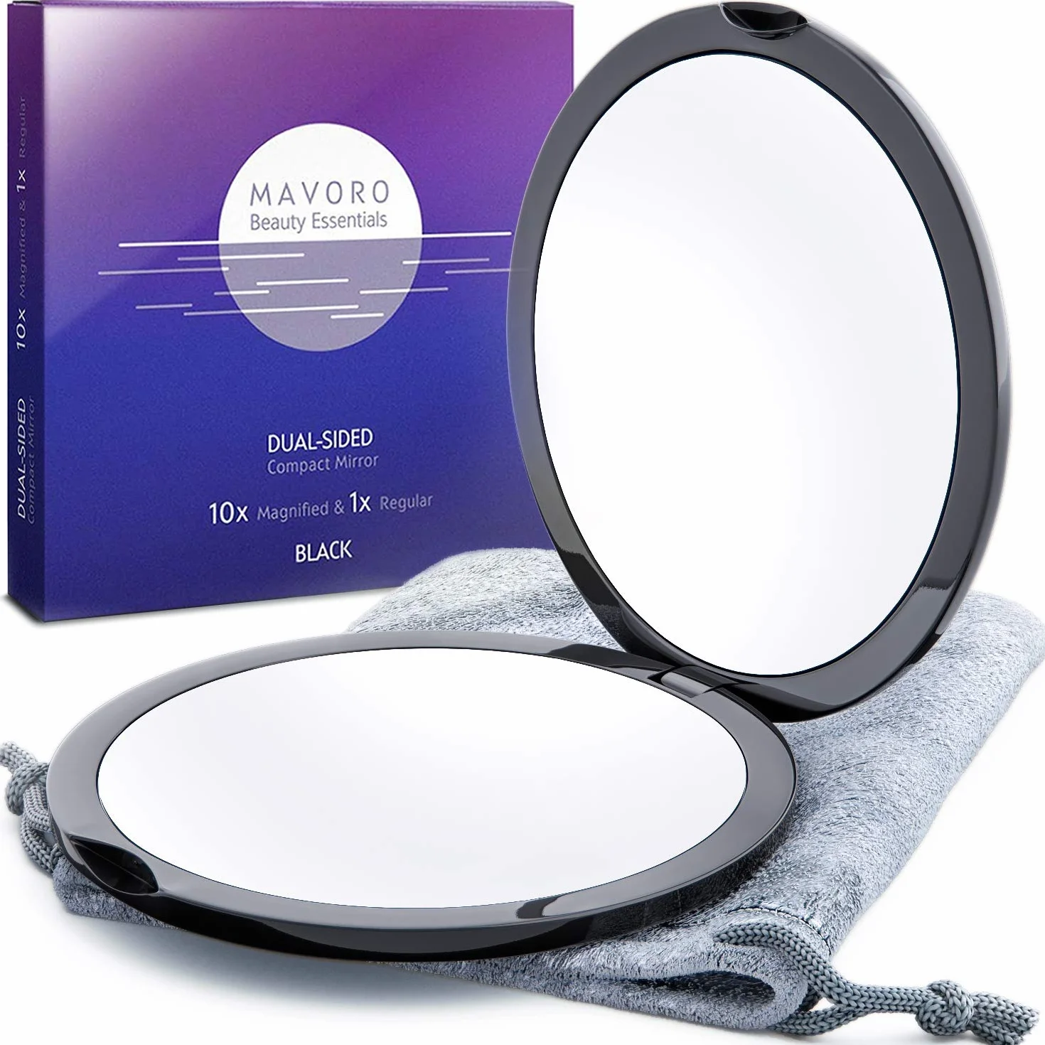 Espejo Compacto con Aumento 1X/10X Doble Cara para Maquillaje de Bolsillo Pequeño (Negro)