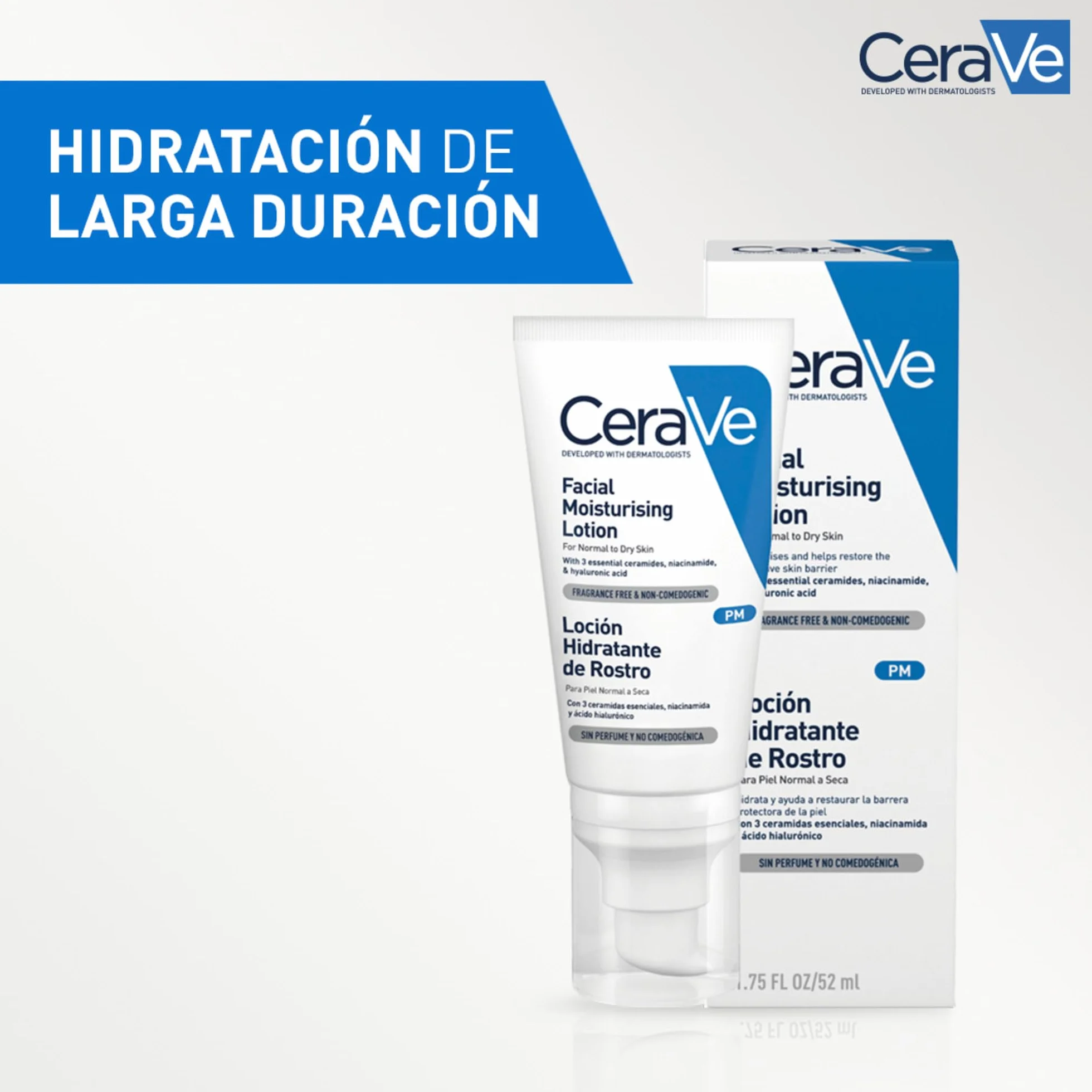 CeraVe Loción Hidratante de Rostro PM 52ml para Piel Normal a Seca con Ceramidas, Niacinamida y Ácido Hialurónico