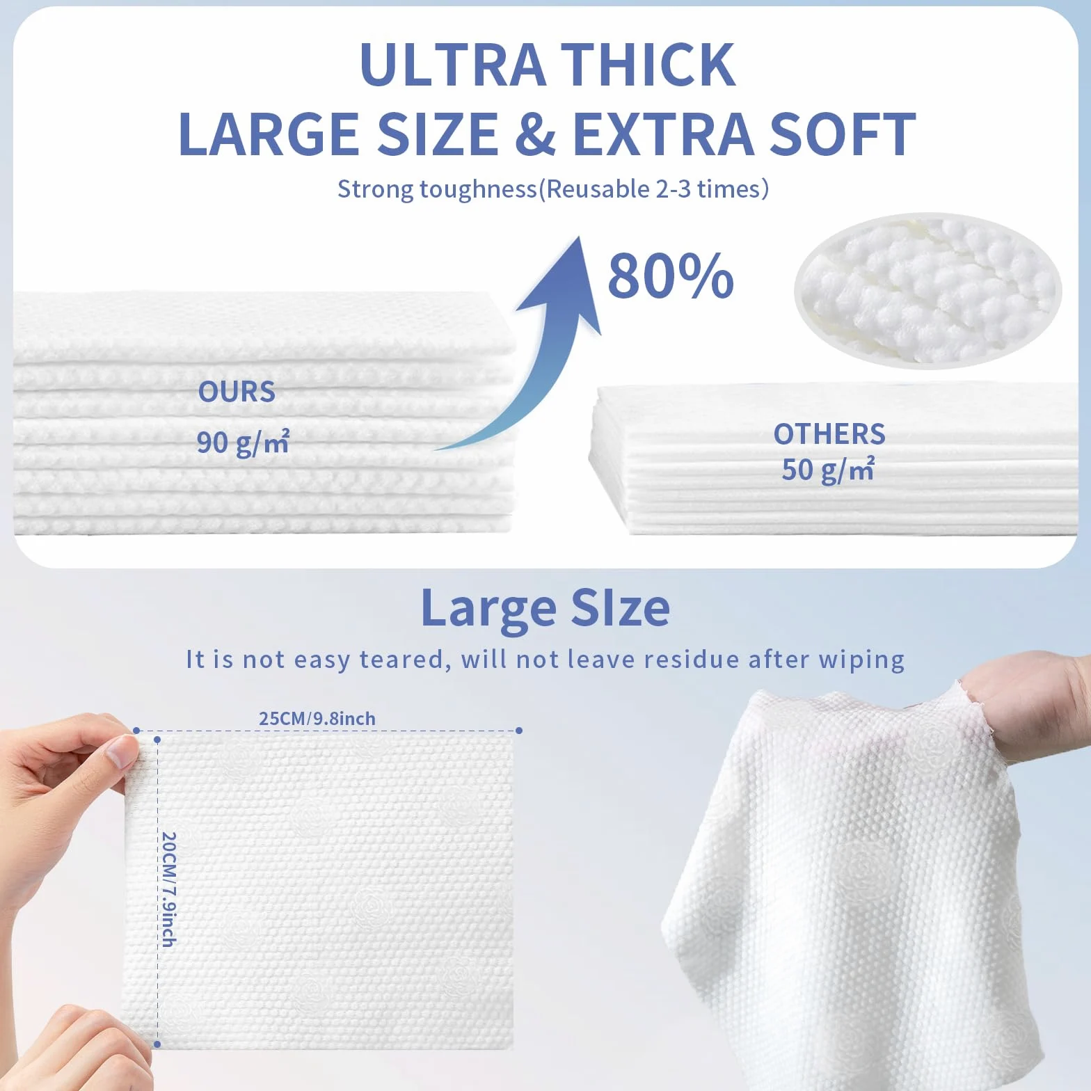 Yacey Toallitas de limpieza facial, paños desechables ultra grandes y gruesos, toallitas desechables biodegradables para pieles sensibles, toallitas desmaquillantes sin pelusas